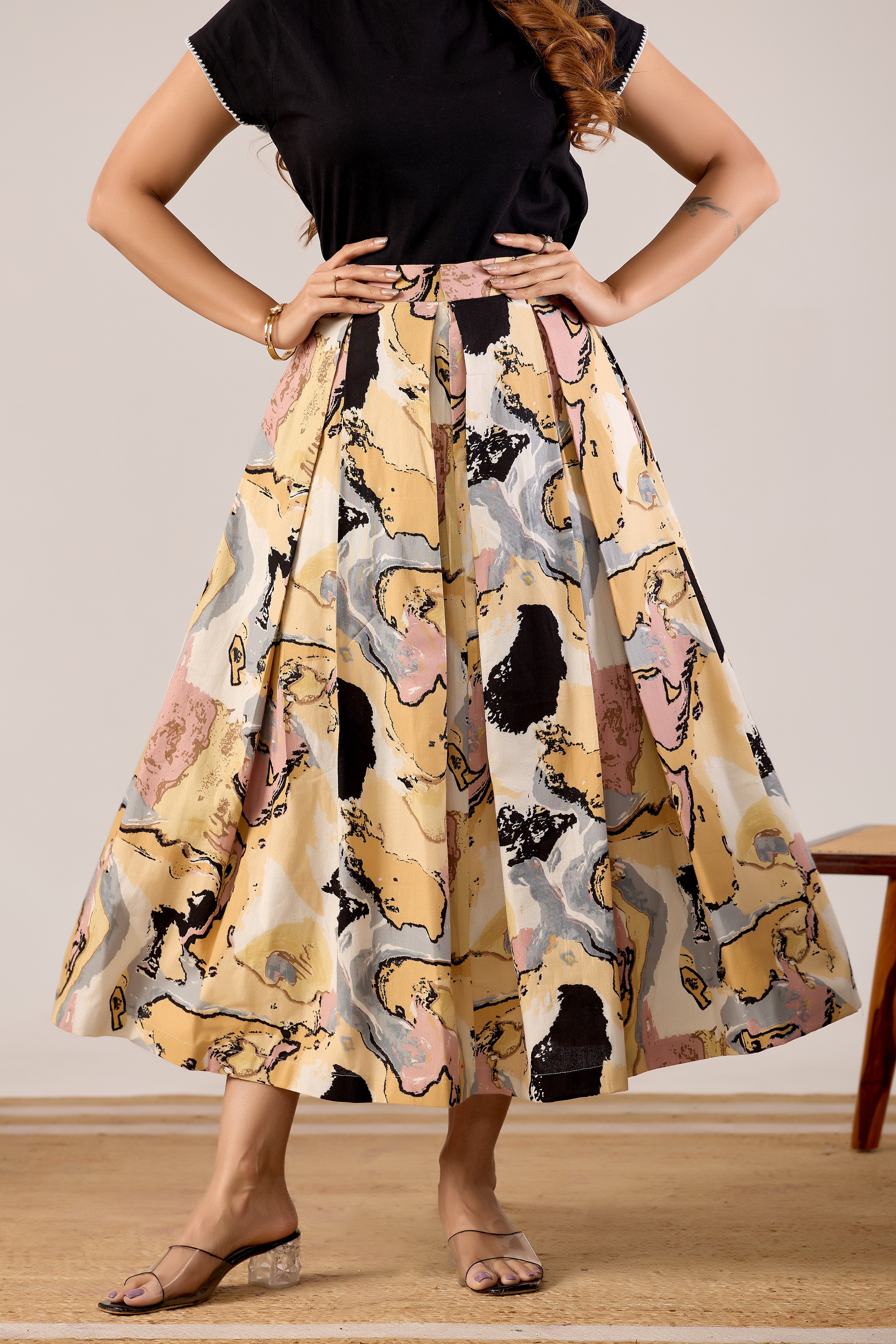Desert Abstract Pleated Midi Skirt