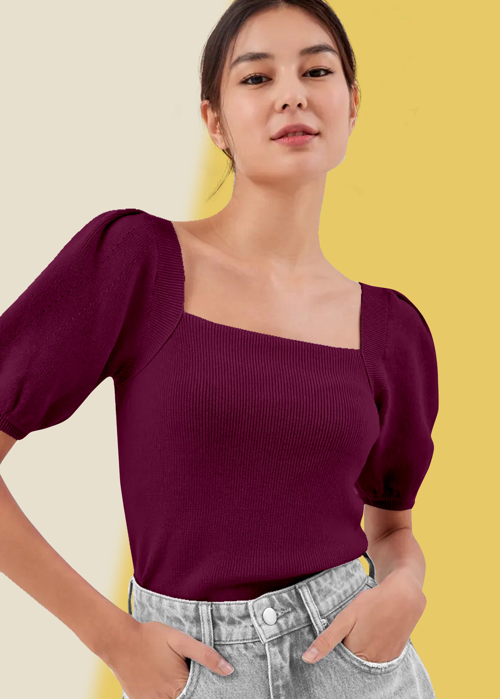 Bold Red Square Neck Ribbed Top