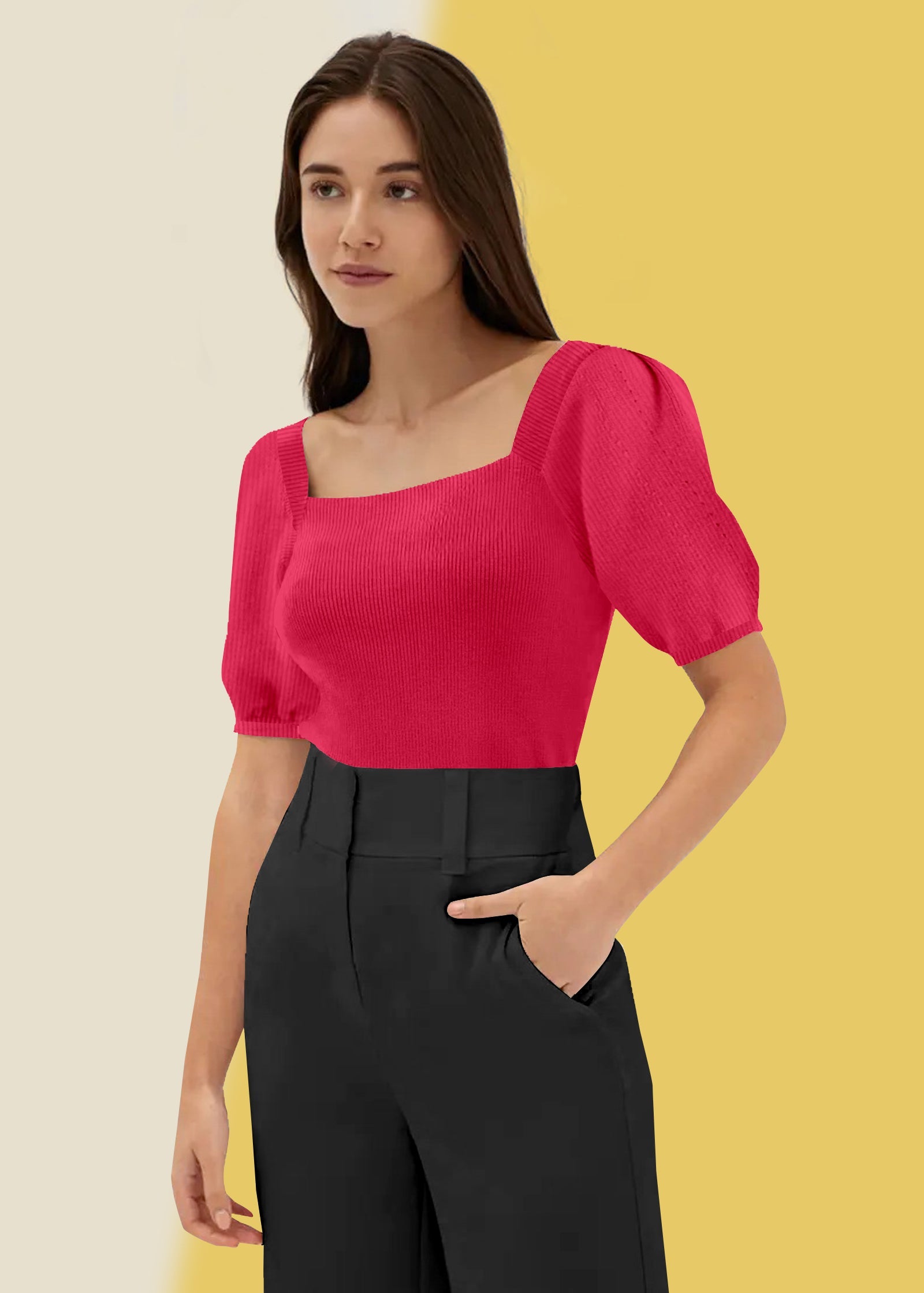 Bold Red Square Neck Ribbed Top