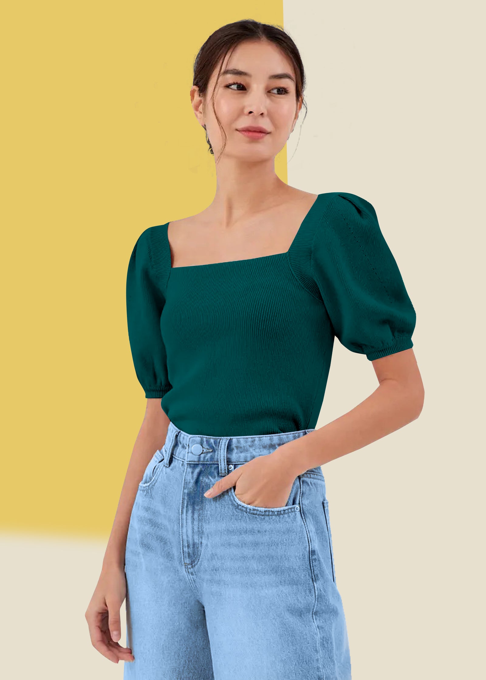 Bold Red Square Neck Ribbed Top