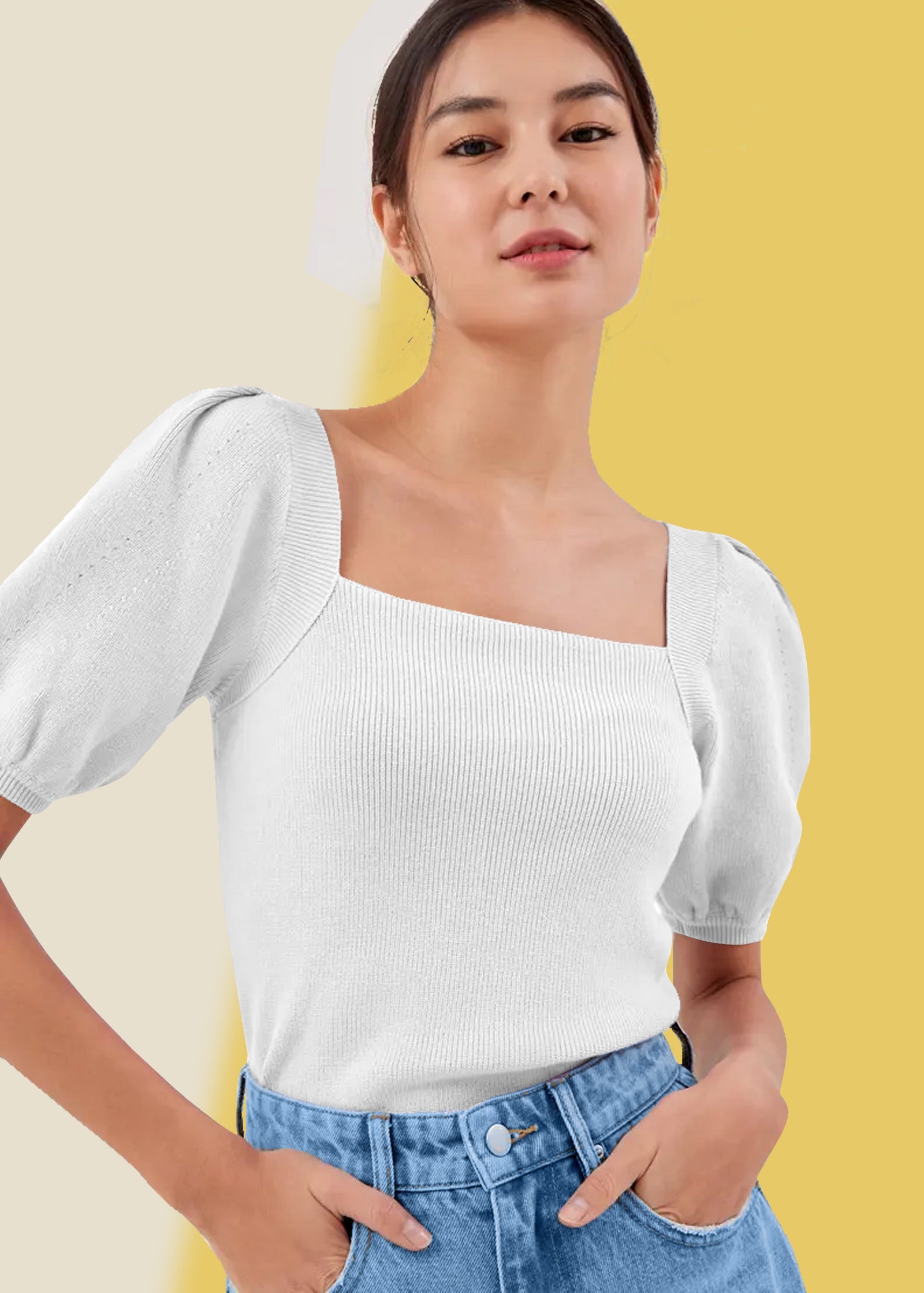 Elegant White Square Neck Ribbed Top