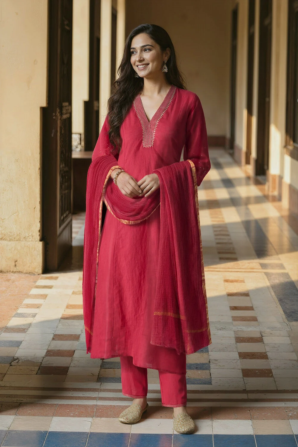 Deep Red Festive Kurta Set with Dupatta