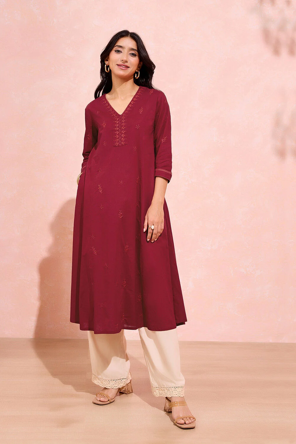 Maroon A-Line Kurta with Cream Pants