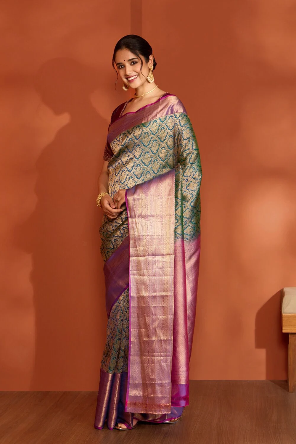 Teal Banarasi Silk Saree with Lavender Zari Pallu