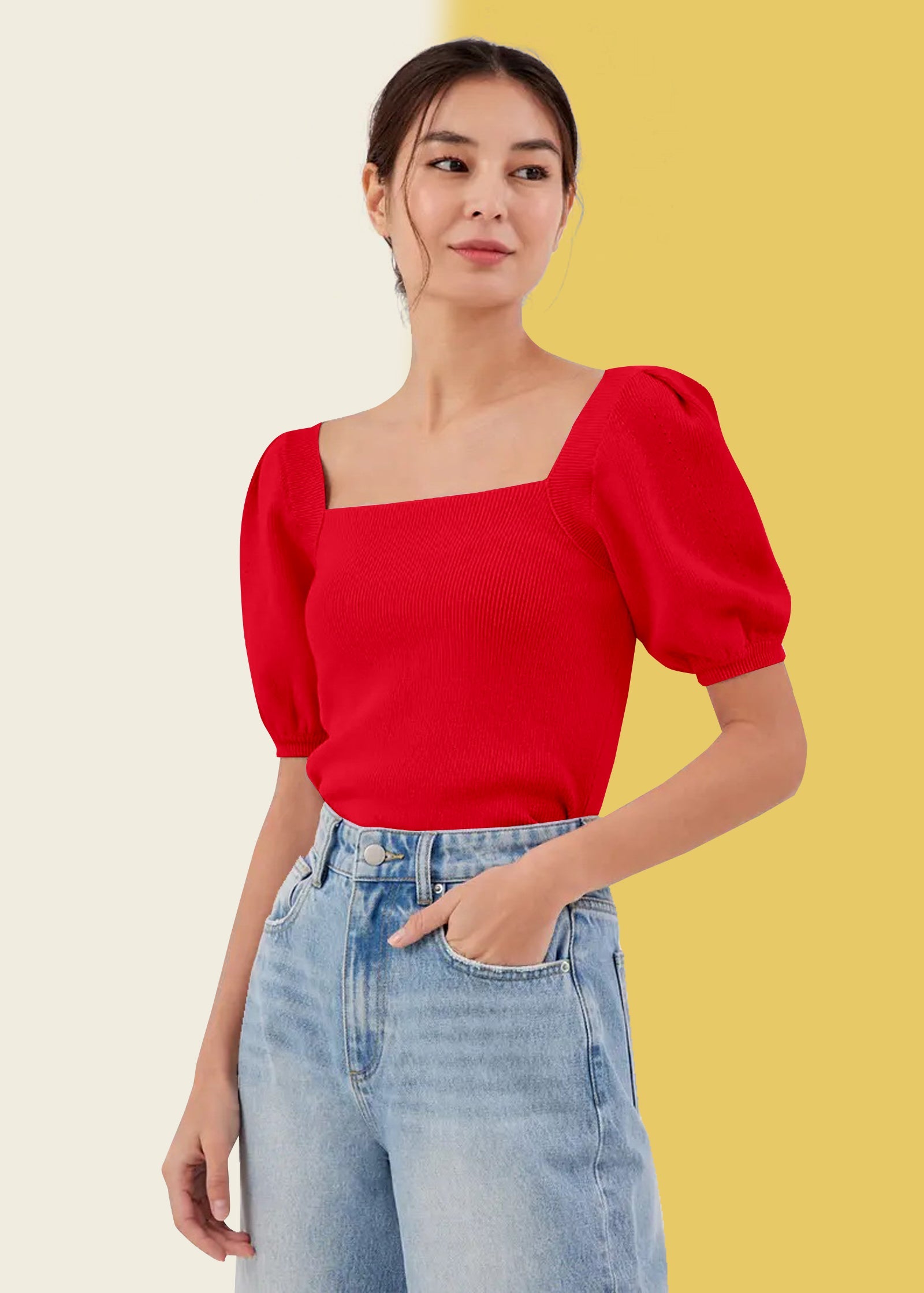 Bold Red Square Neck Ribbed Top
