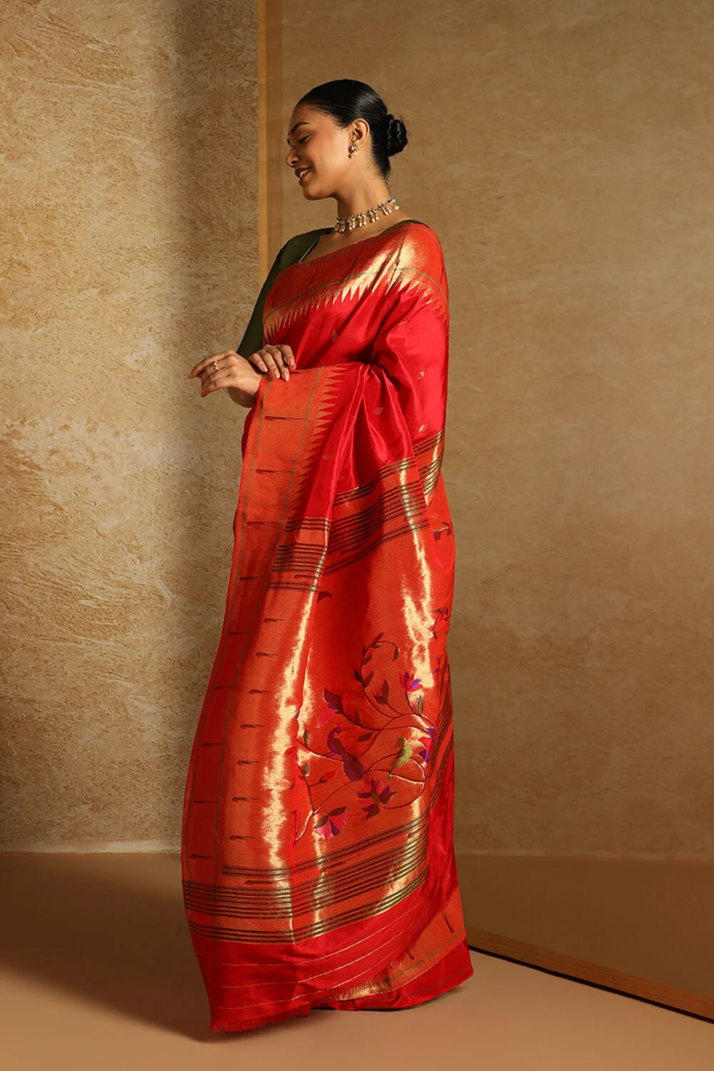 Traditional Red Silk Saree with Golden Border