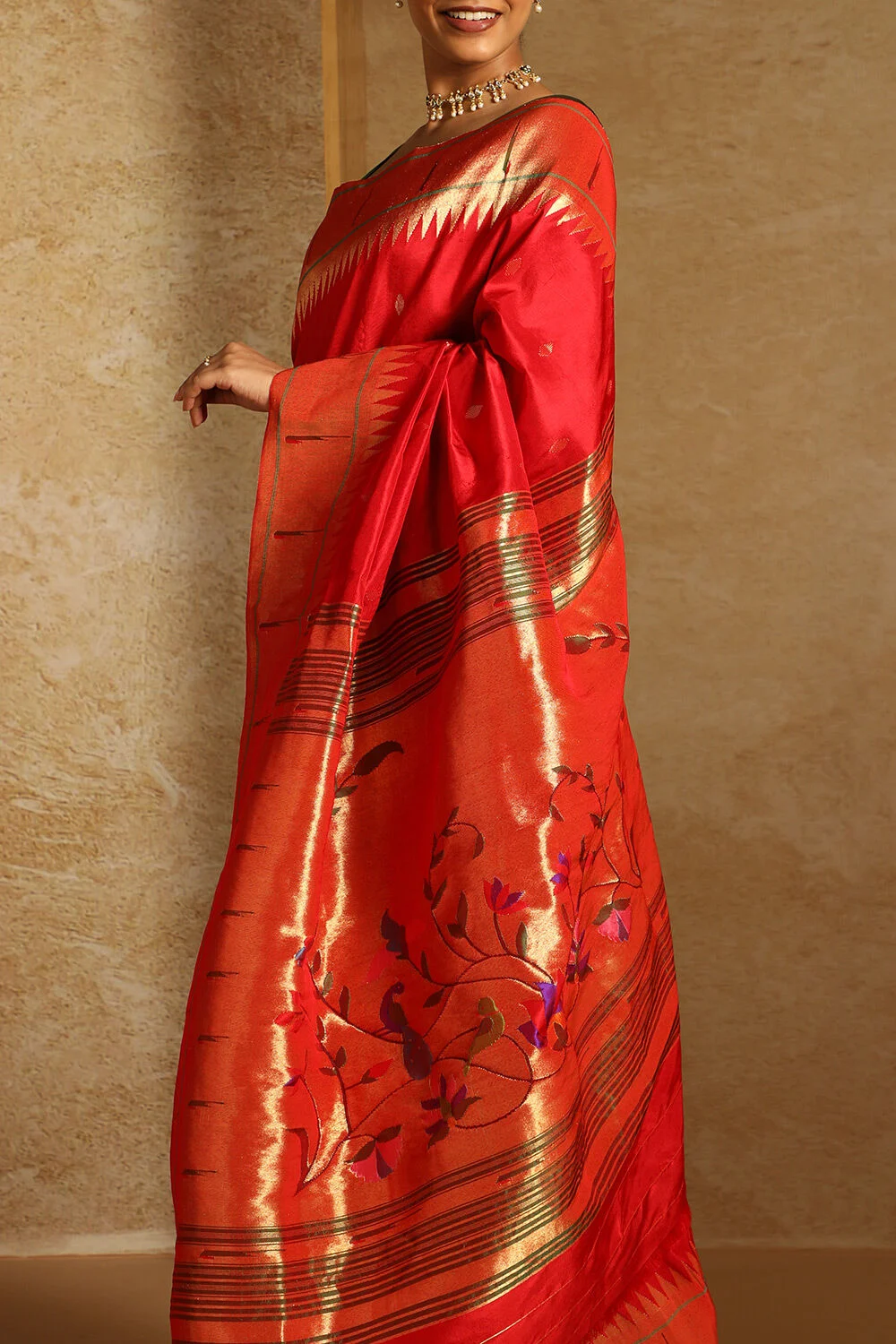 Traditional Red Silk Saree with Golden Border
