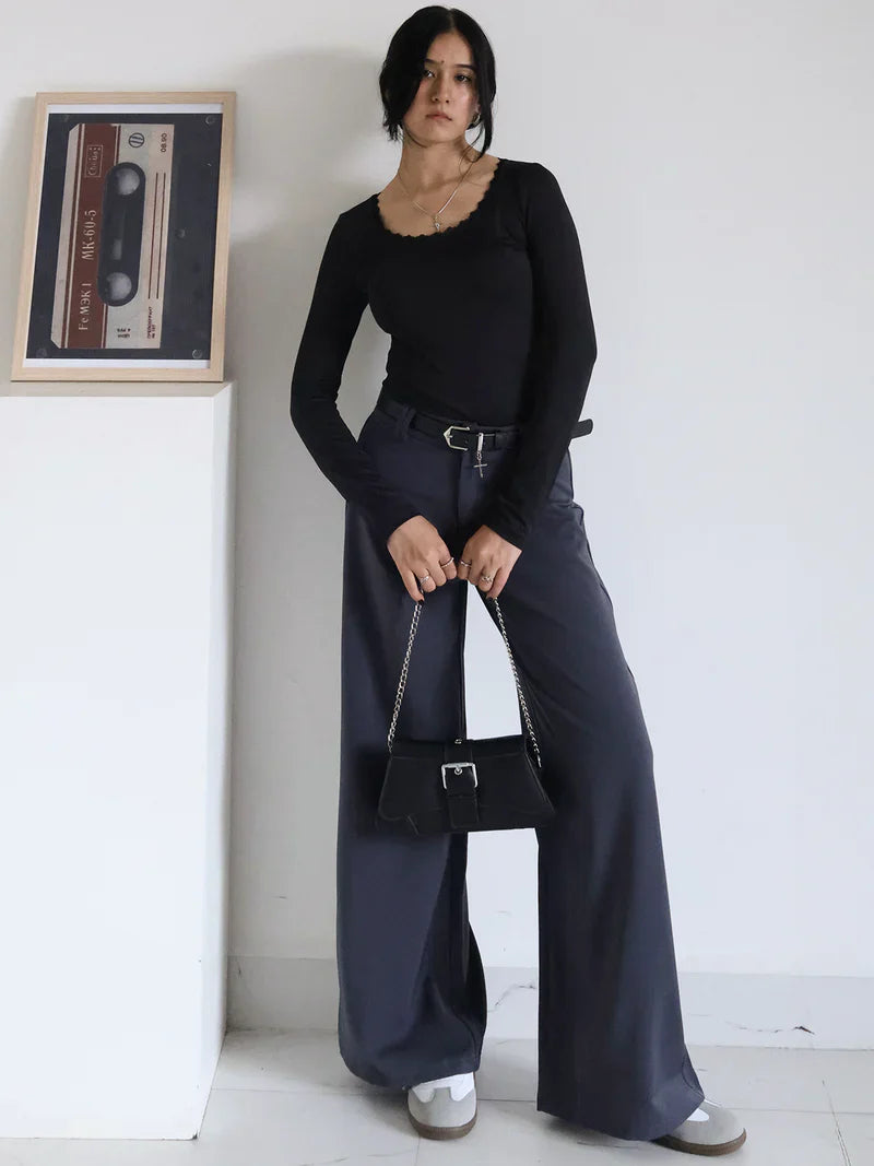 Elegant High-Waist Black Wide Leg Trousers