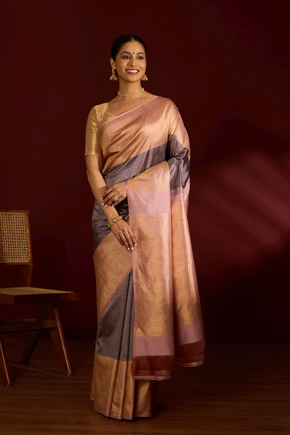 Grey and Gold Dual Tone Silk Saree