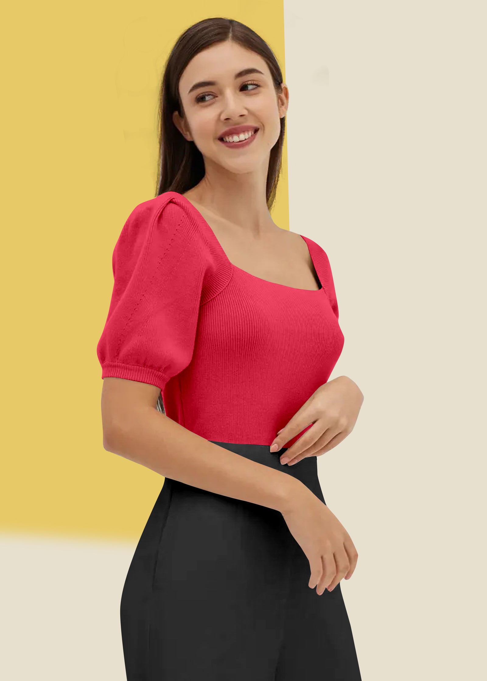Bold Red Square Neck Ribbed Top