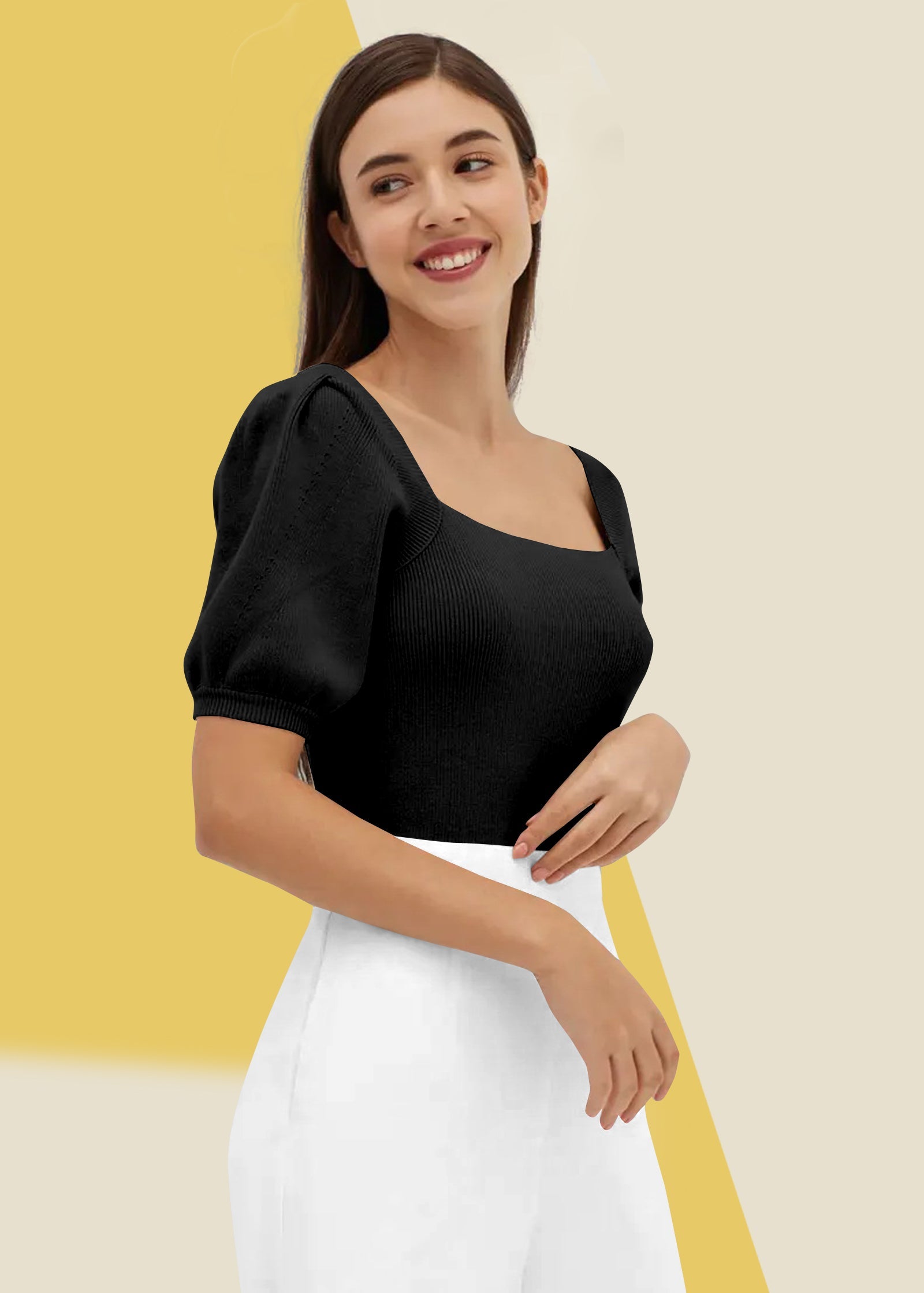 Classic Black Square Neck Ribbed Top