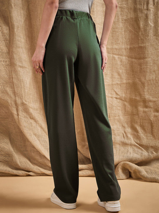 Premium Olive Green High-Waist Straight-Leg Trousers