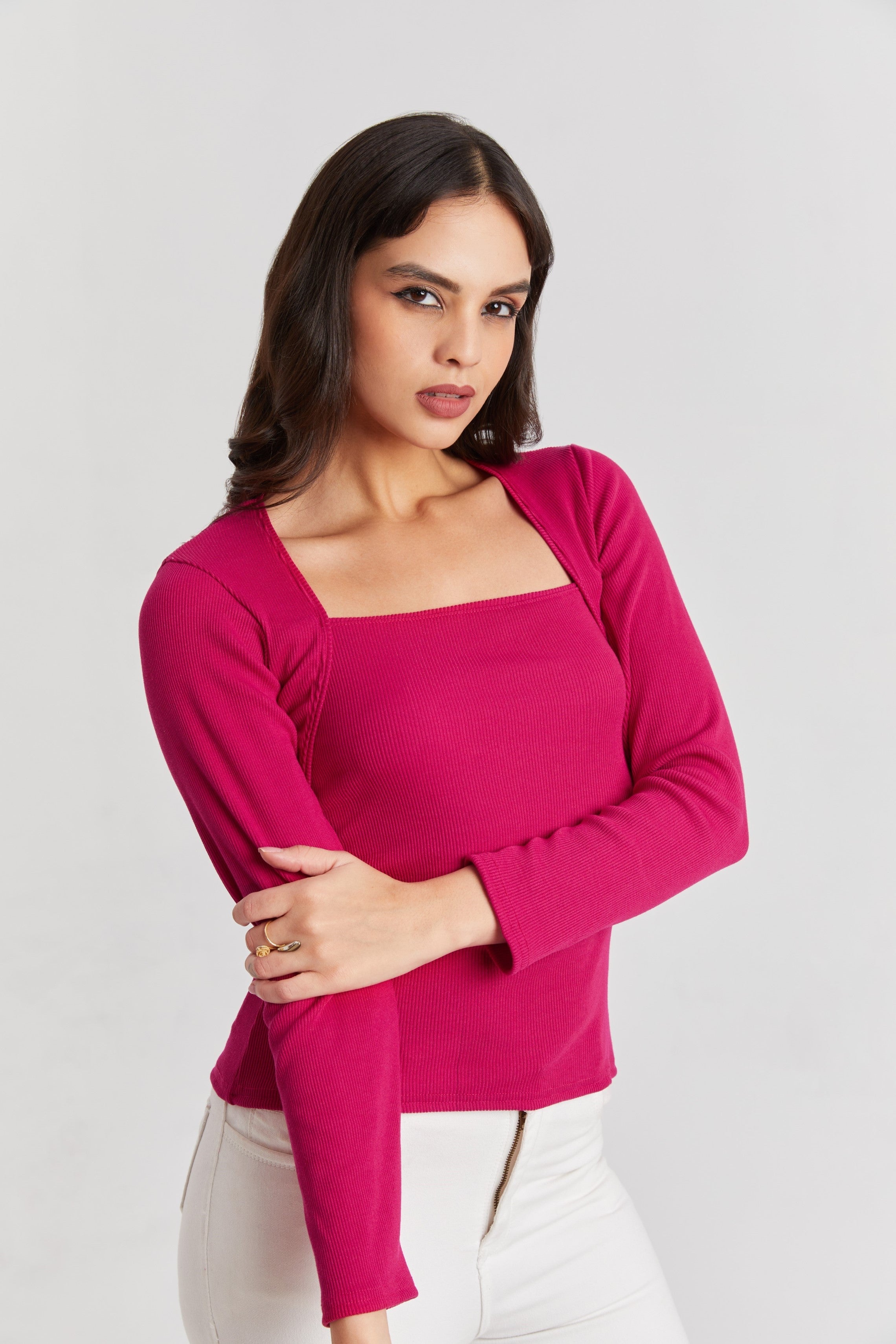 Black Ribbed Square Neck Top