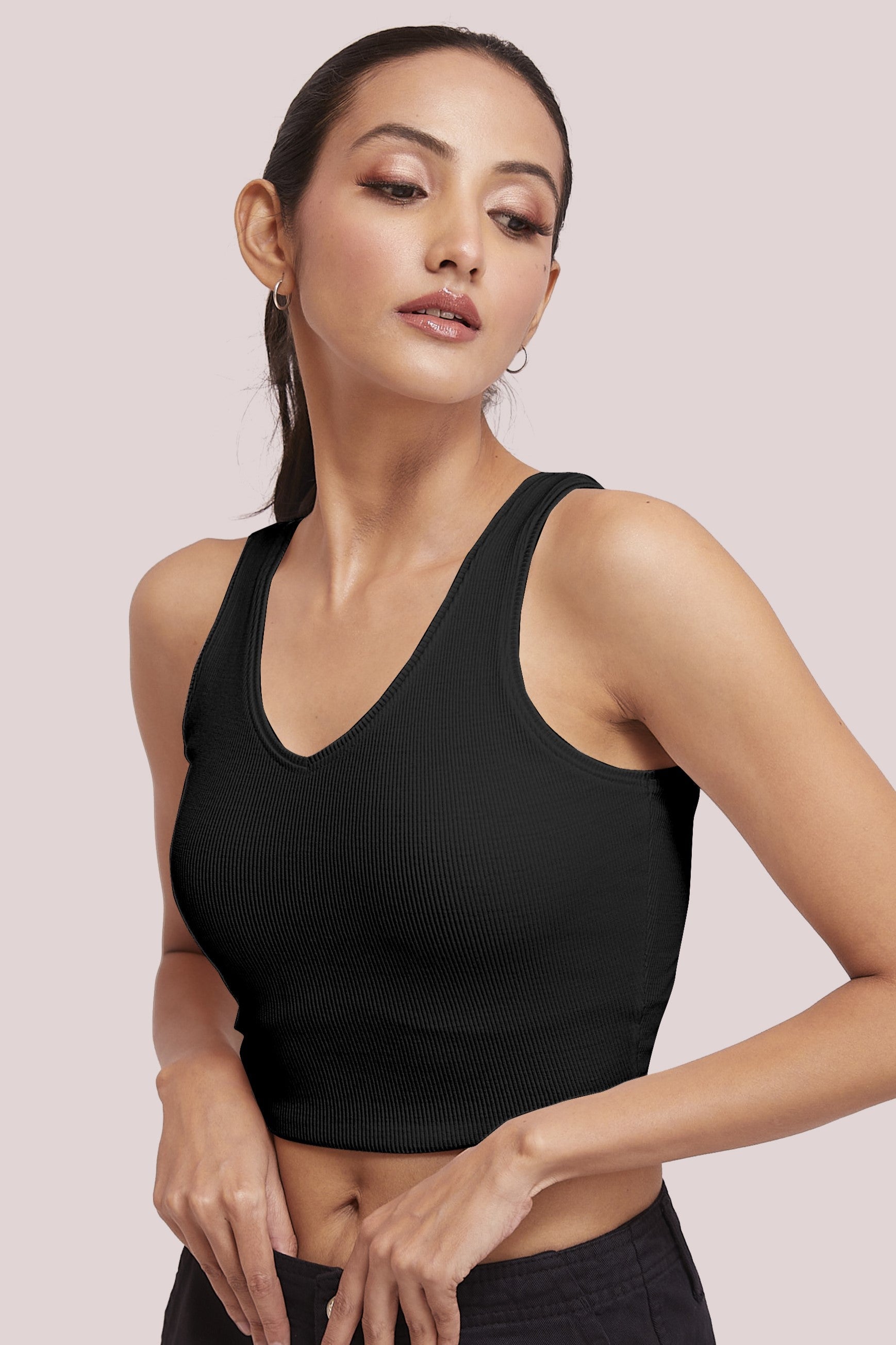 Black Ribbed Scoop Neck Sleeveless Crop Top