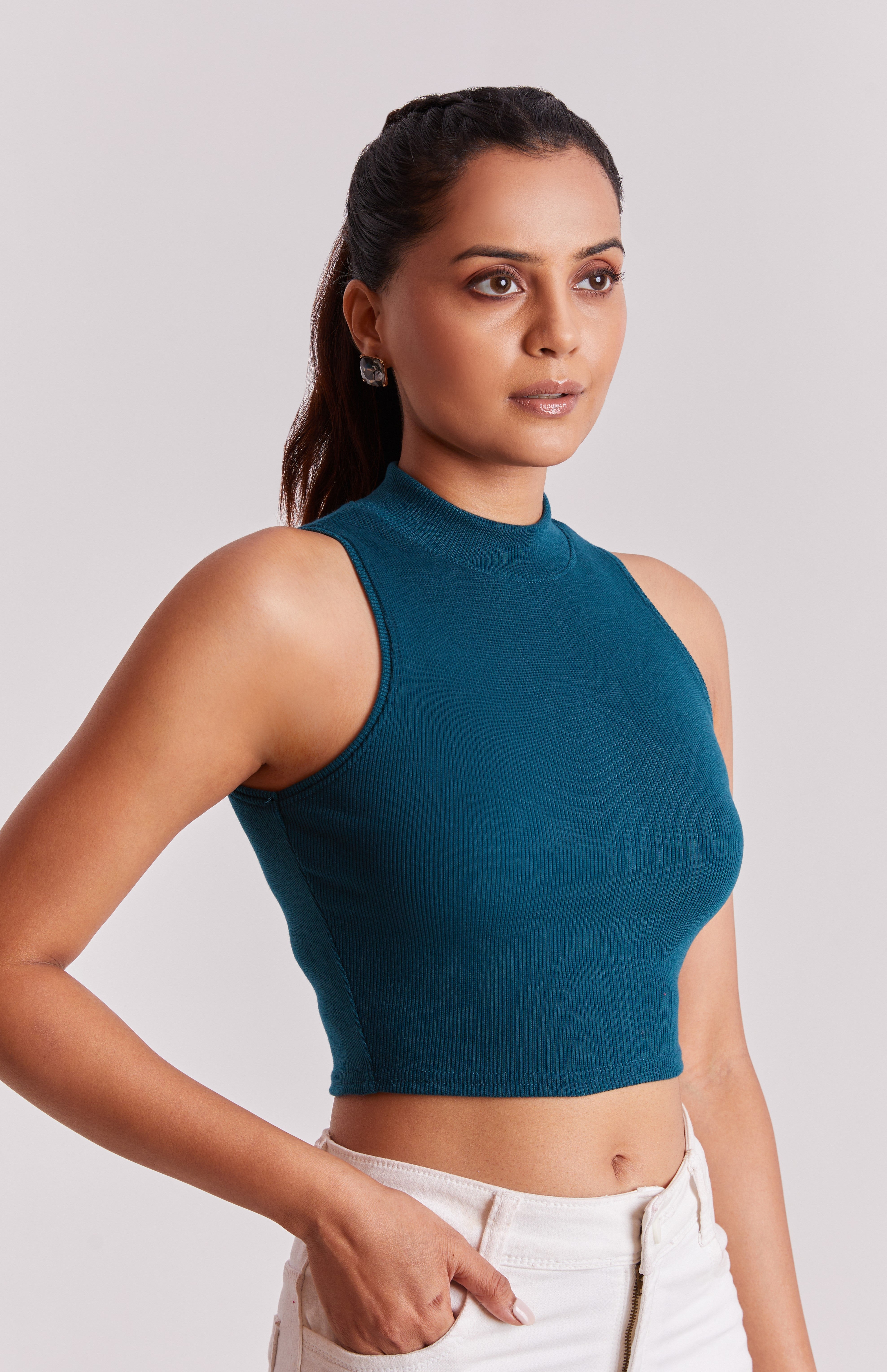 Teal Green Ribbed High Neck Sleeveless Crop Top