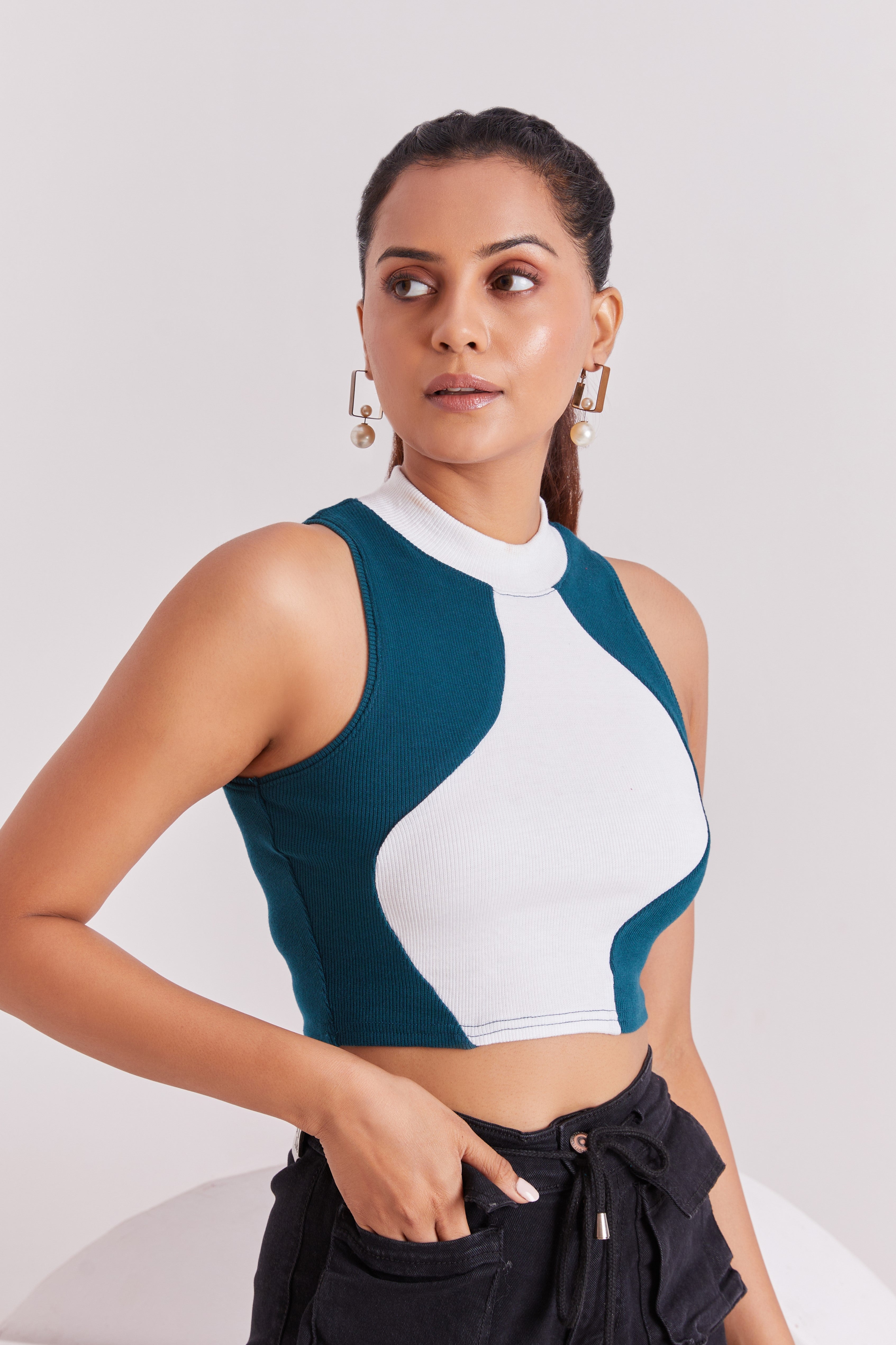 Tail & White Ribbed High Neck Sleeveless Crop Top