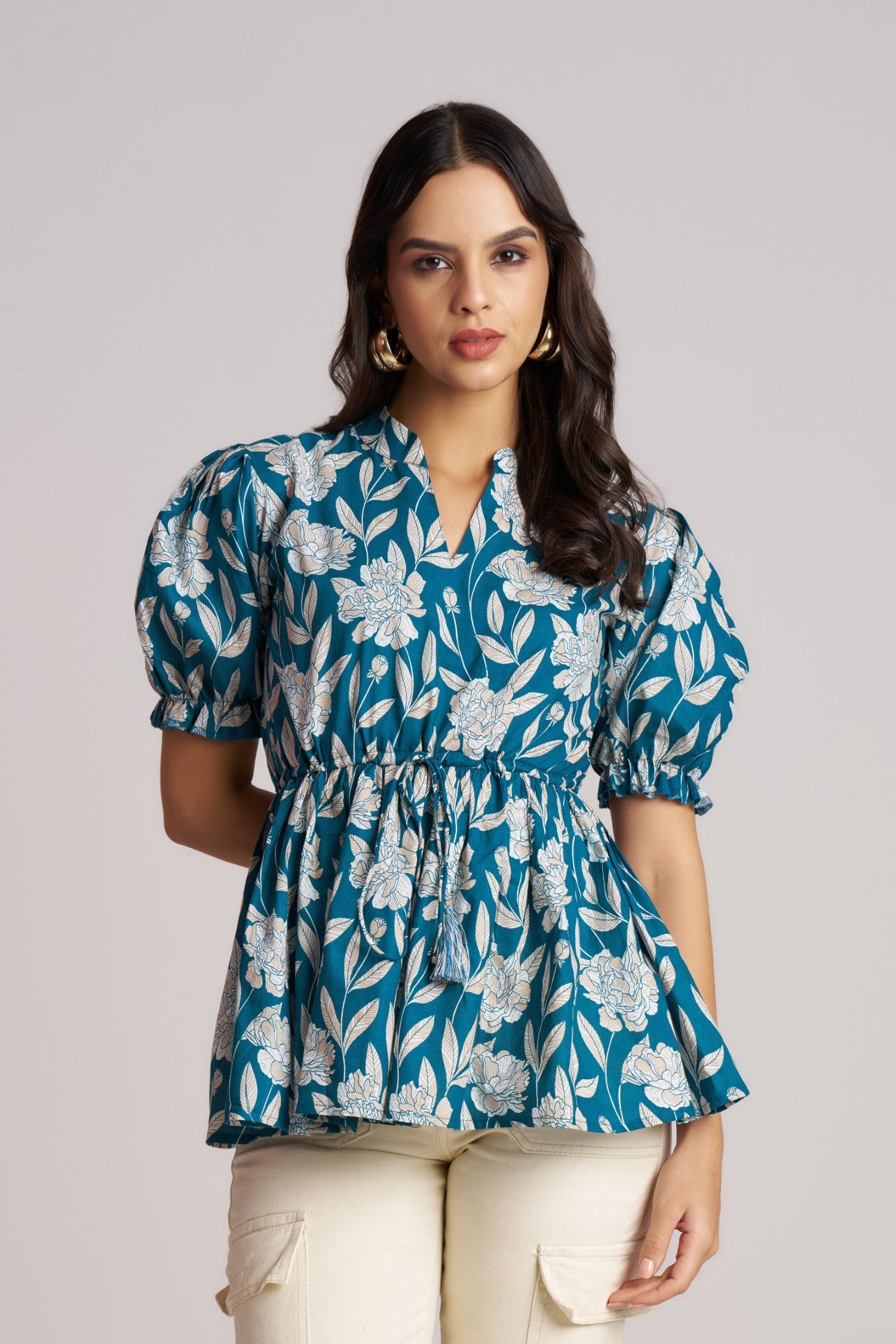 Teal Bloom Puff Sleeve Peplum Top