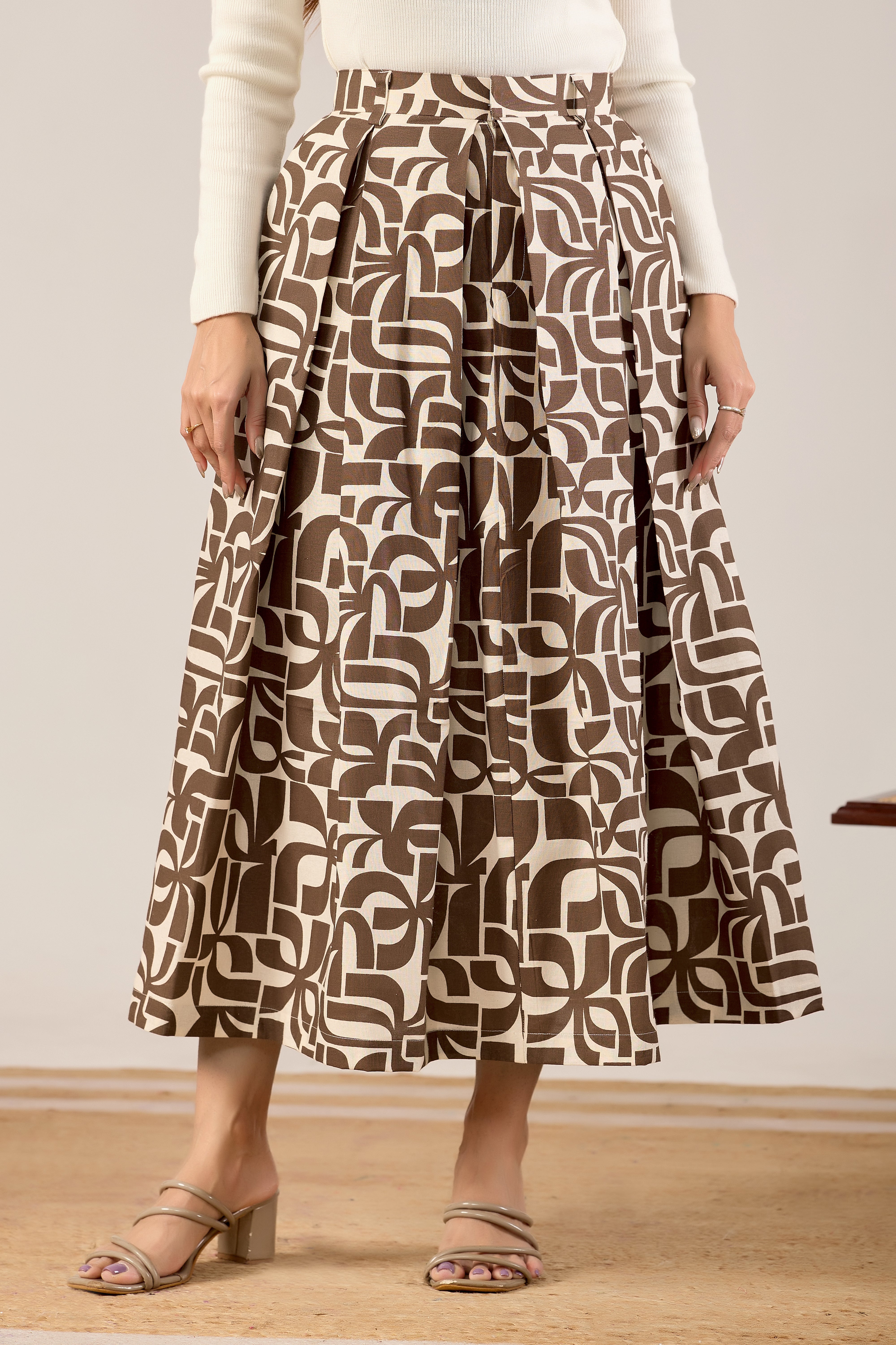 Cocoa Geometry Pleated Midi Skirt