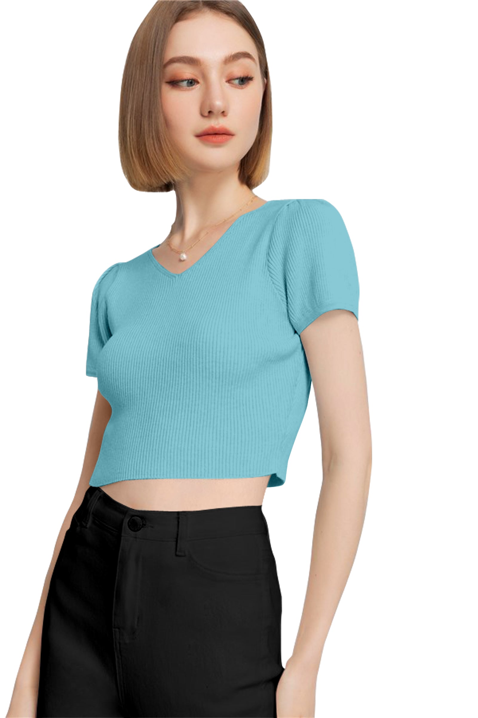 Women’s Ribbed V-Neck Crop Top – Grey