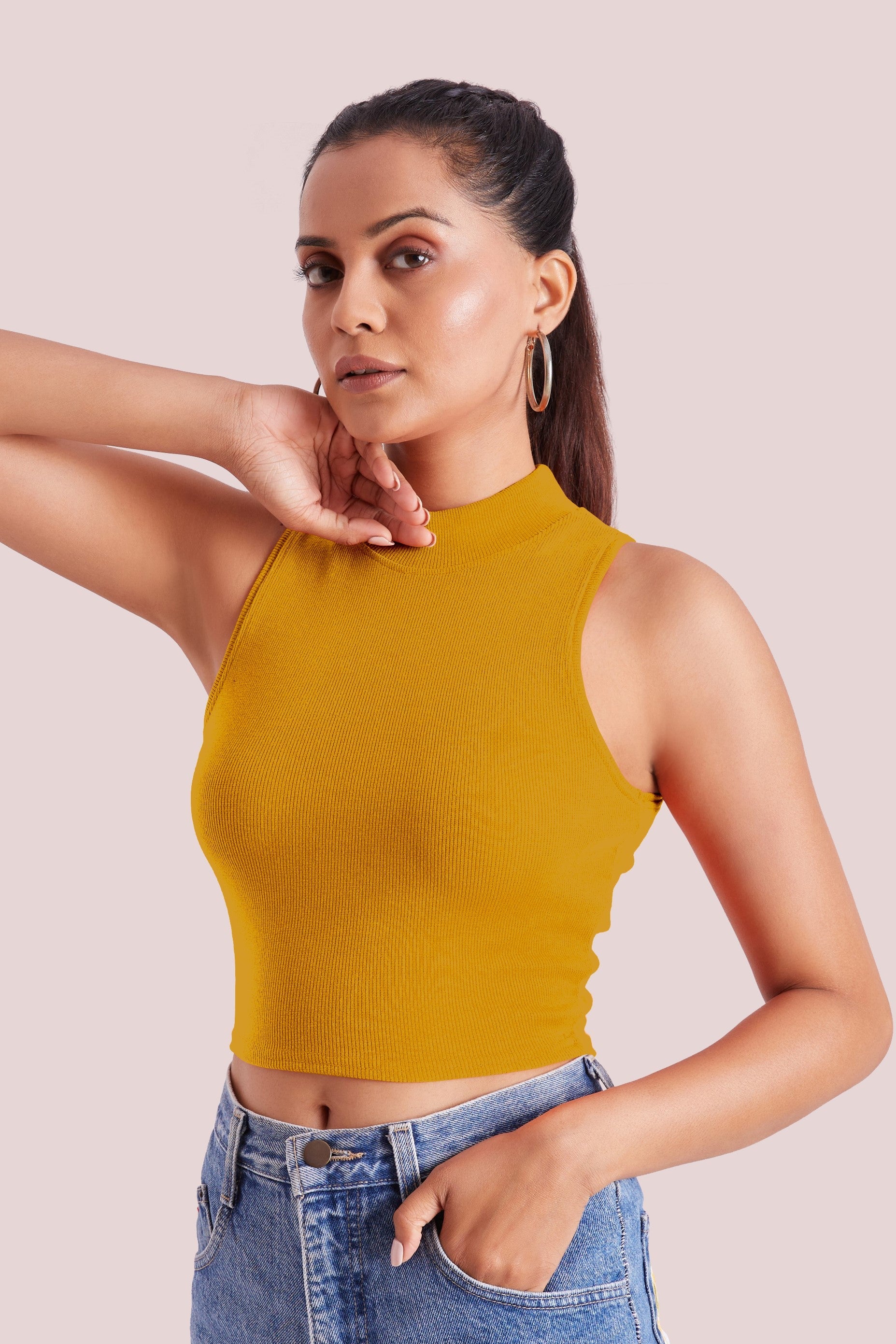 Levander Ribbed High Neck Sleeveless Crop Top