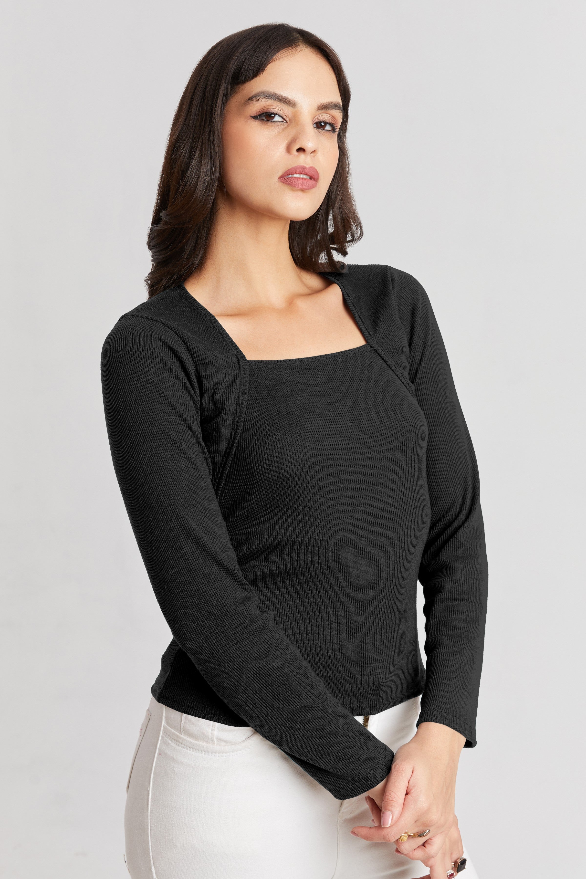 Deep Red Ribbed Square Neck Top