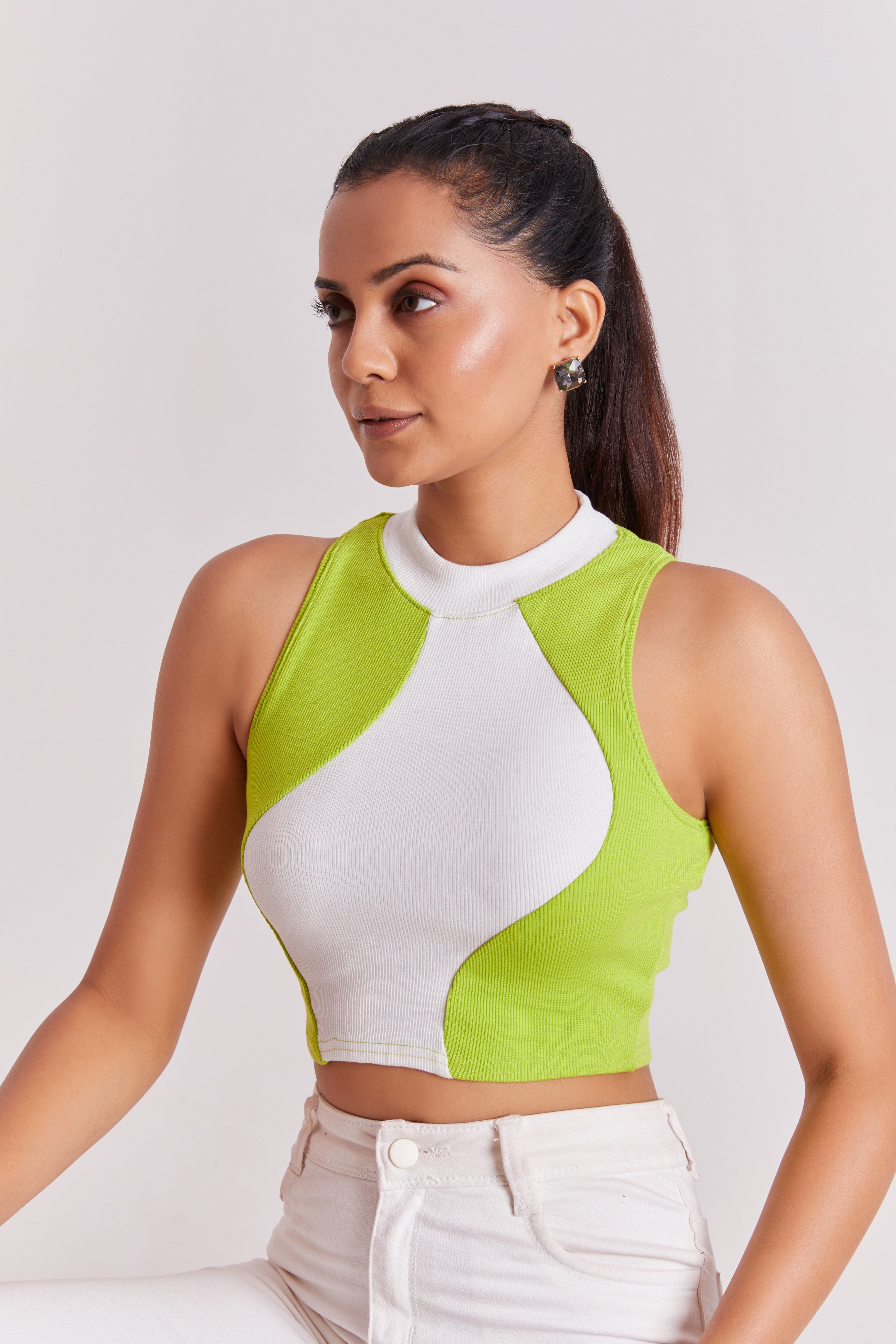 Wine Ribbed High Neck Sleeveless Crop Top