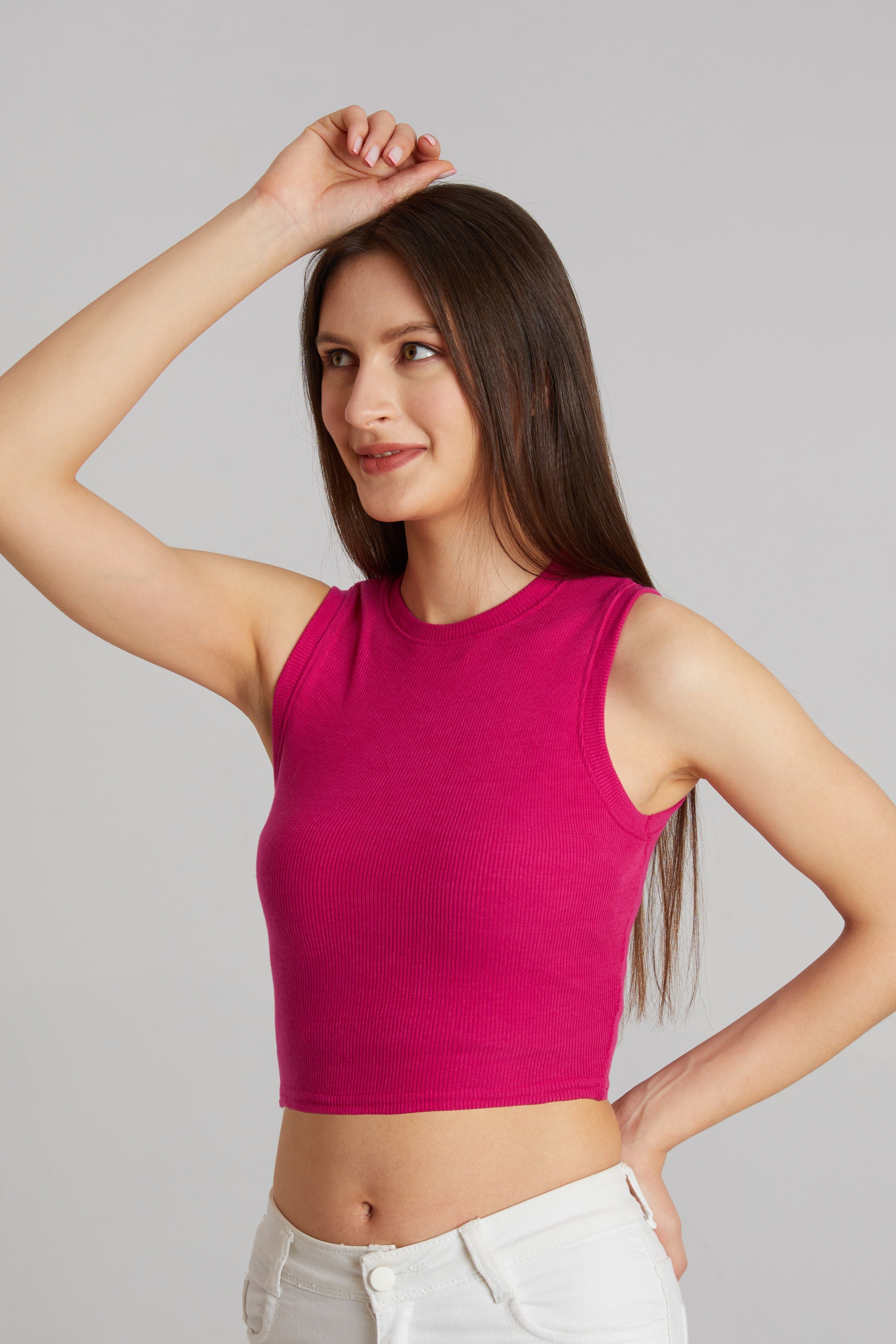 Bold Hot Pink Ribbed Sleeveless Crop Top