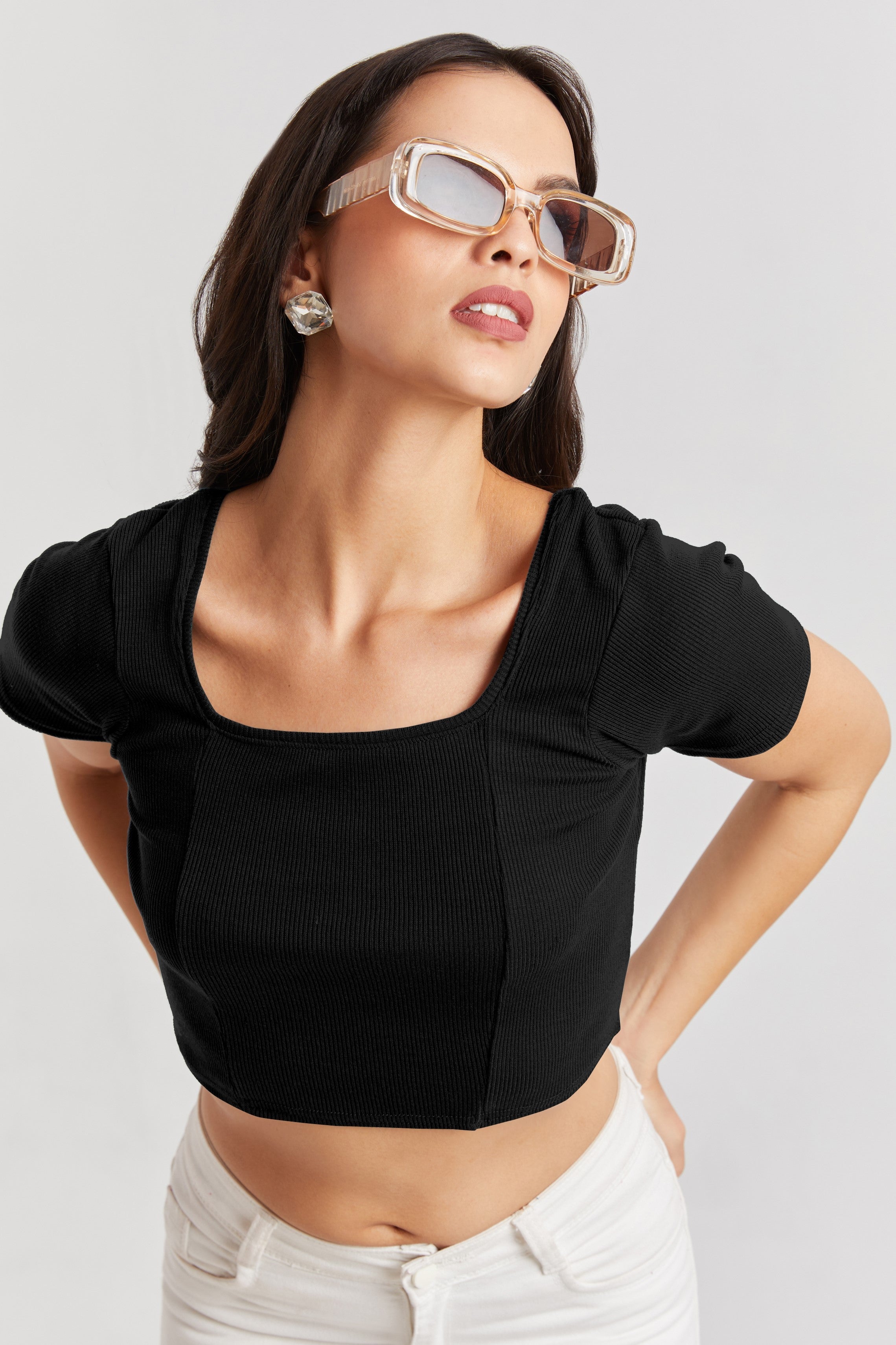 Black Ribbed Square Neck Crop Top