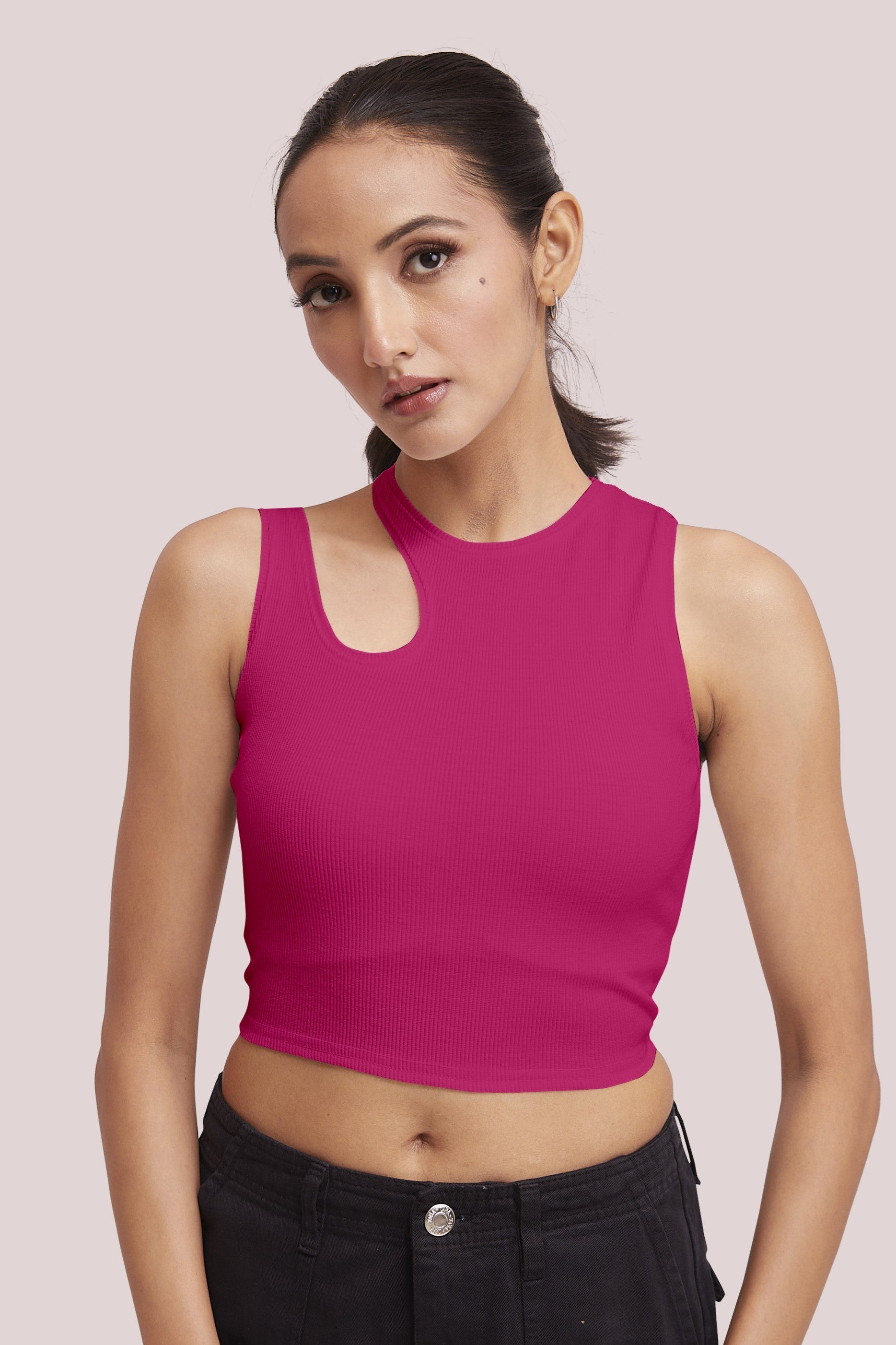 Green-Ribbed Sleeveless Cut-Out Tank Top