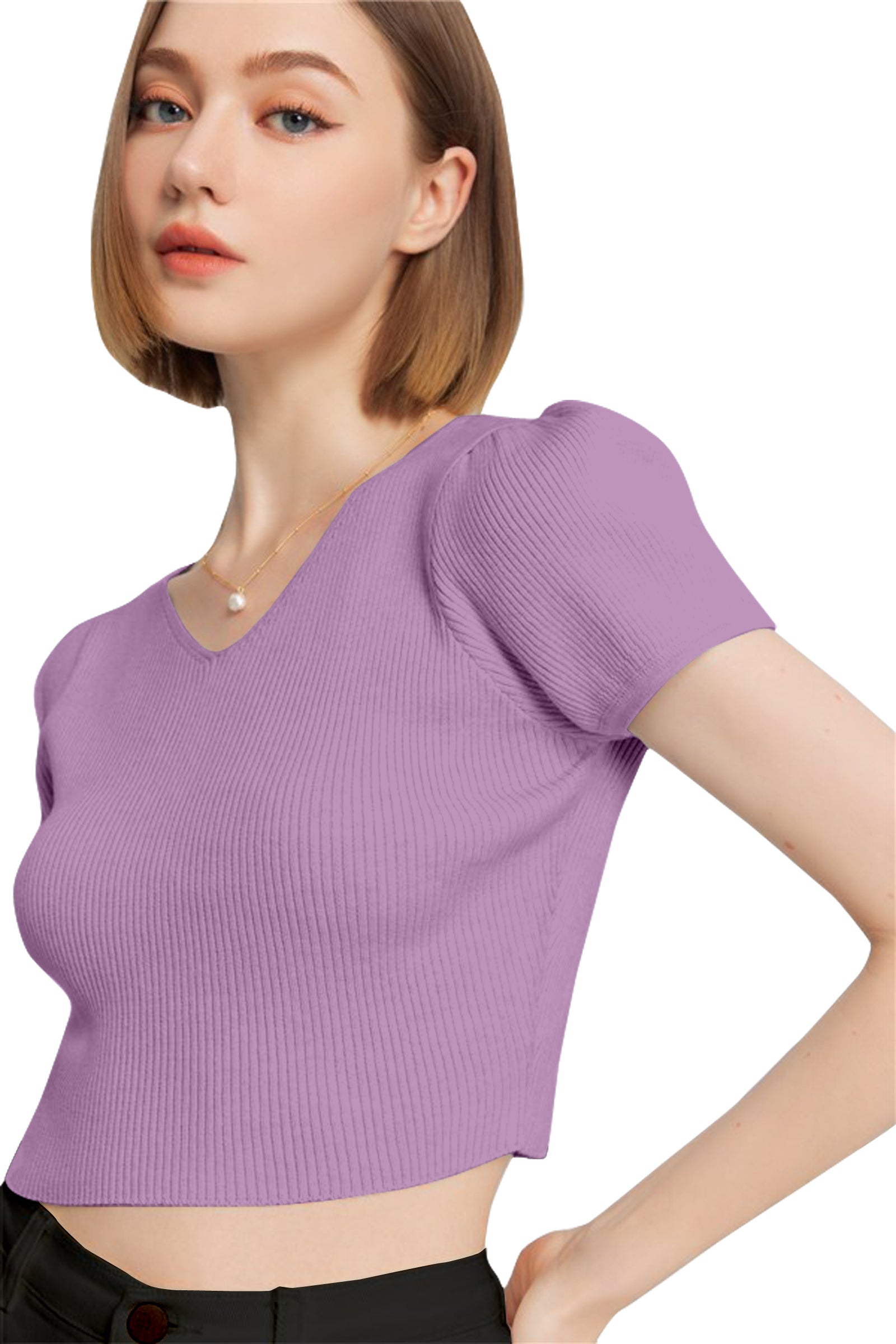 Women’s Ribbed V-Neck Crop Top – Grey