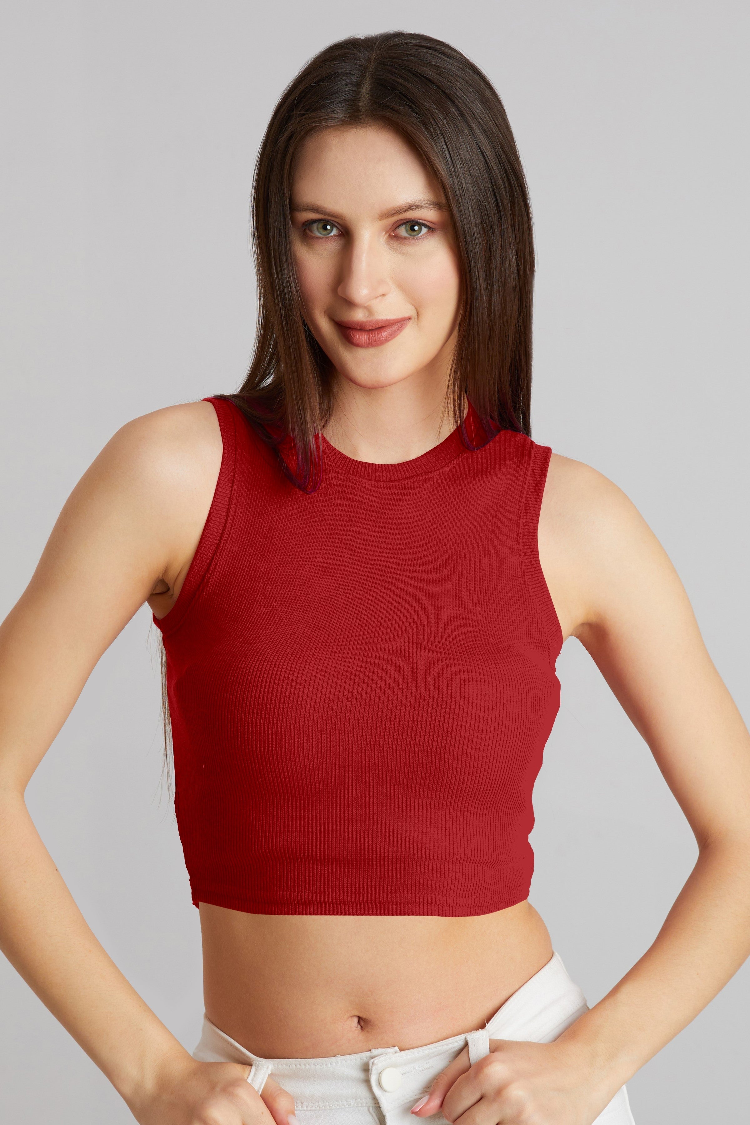 Classic Red Ribbed Sleeveless Crop Top