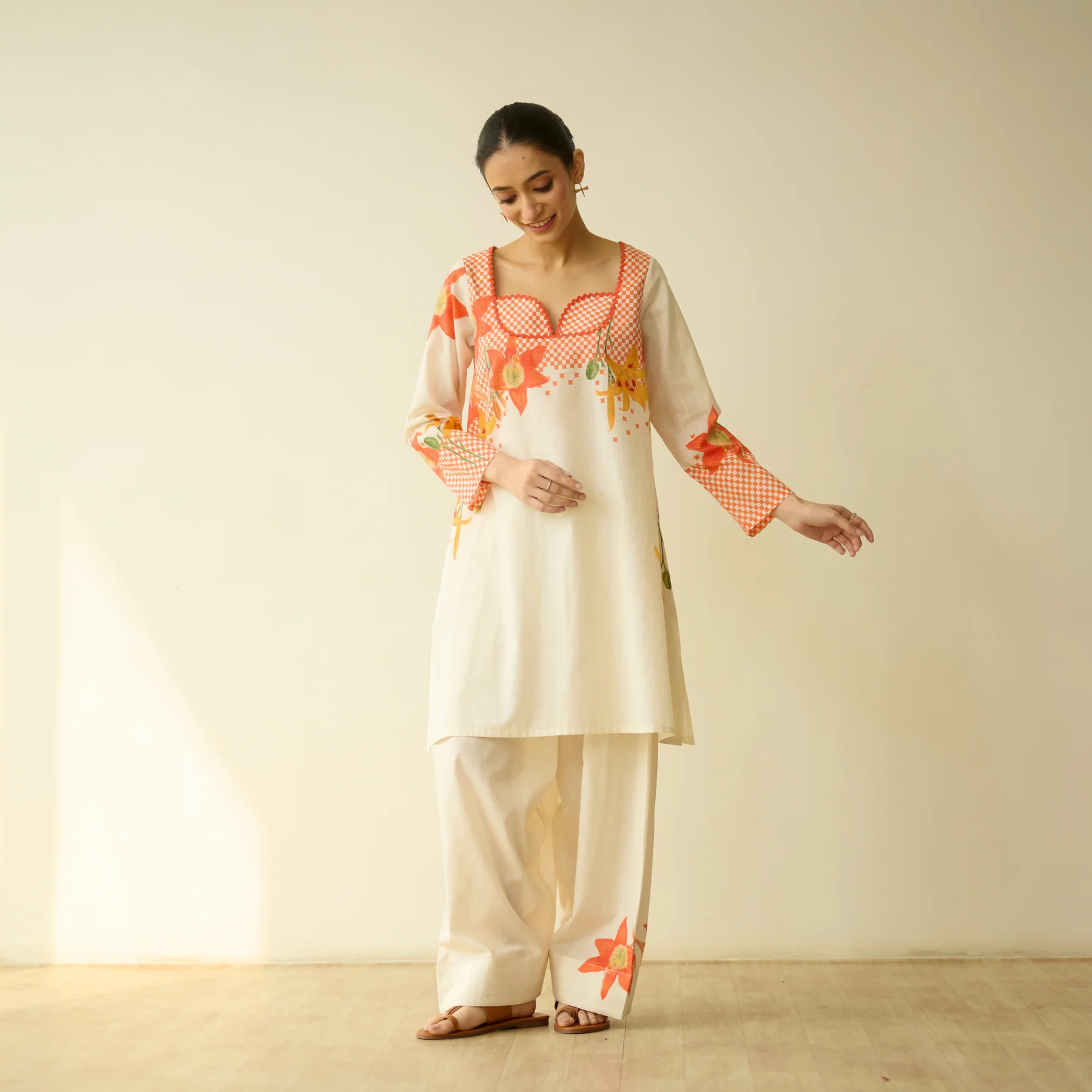 Cream Floral Printed Kurta & Palazzo Set