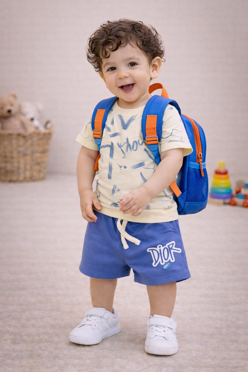 Kids Cream & Royal Blue Co-ord Set with Printed Shorts