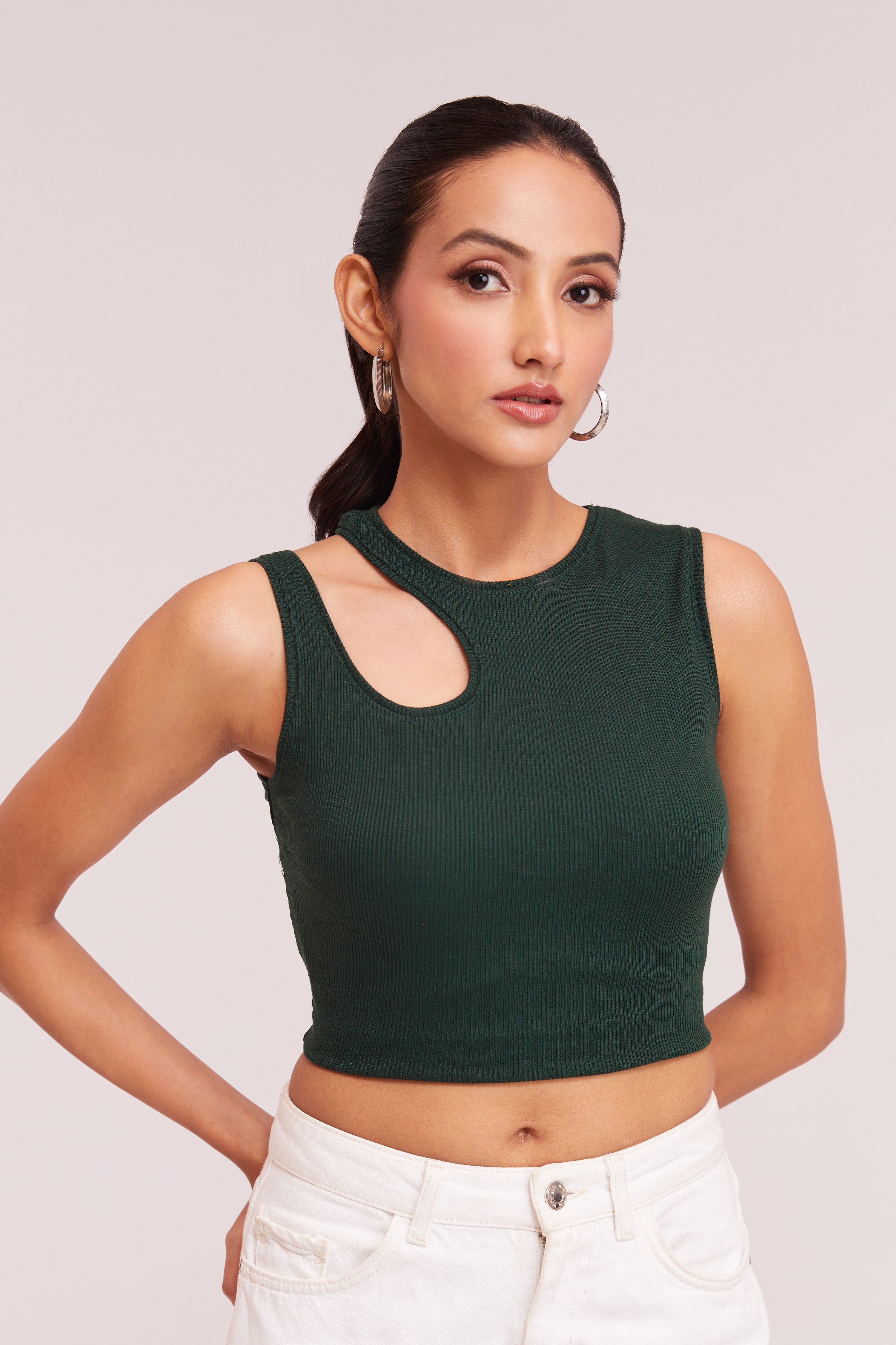 Green-Ribbed Sleeveless Cut-Out Tank Top