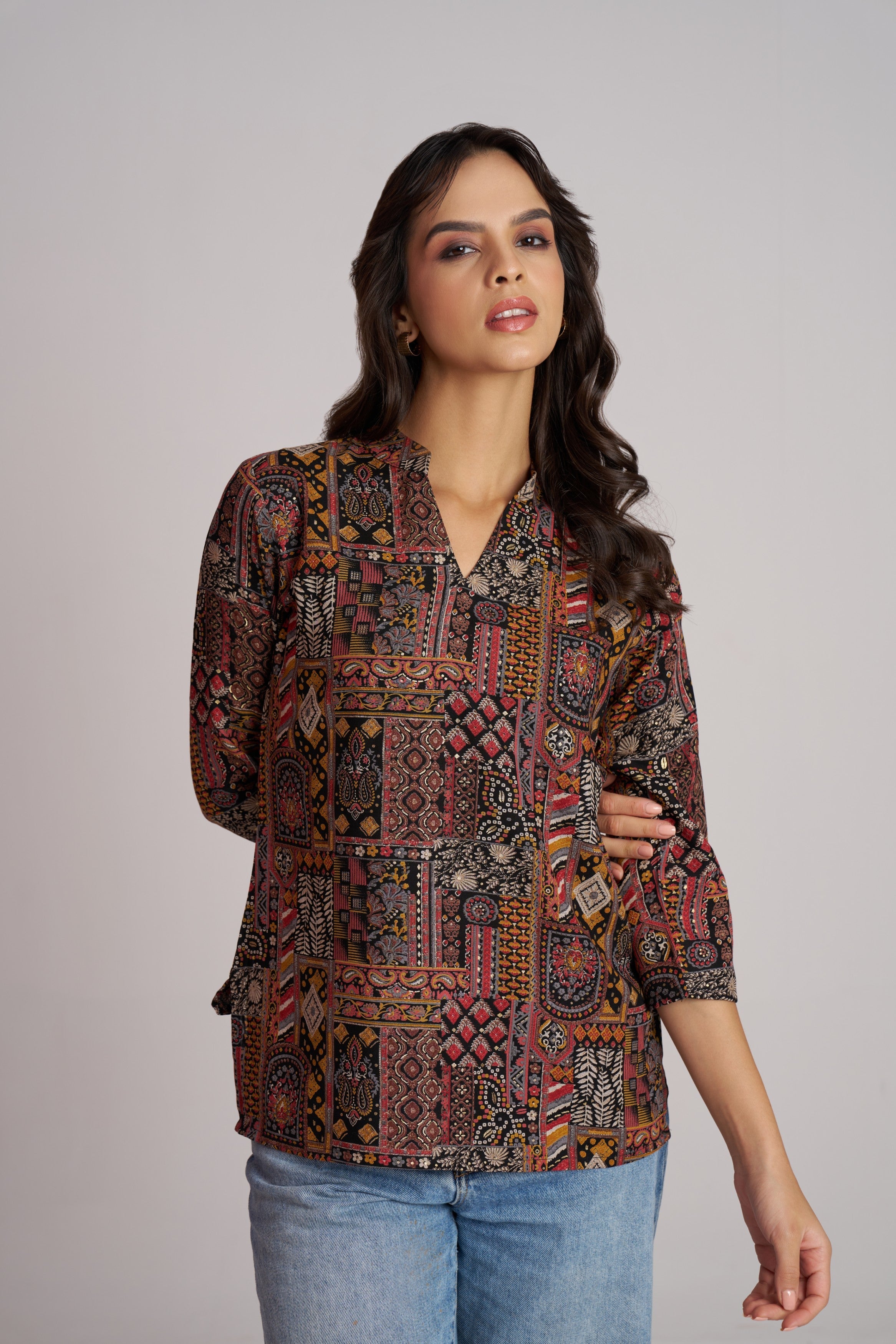 Rustic Mosaic V-Neck Top