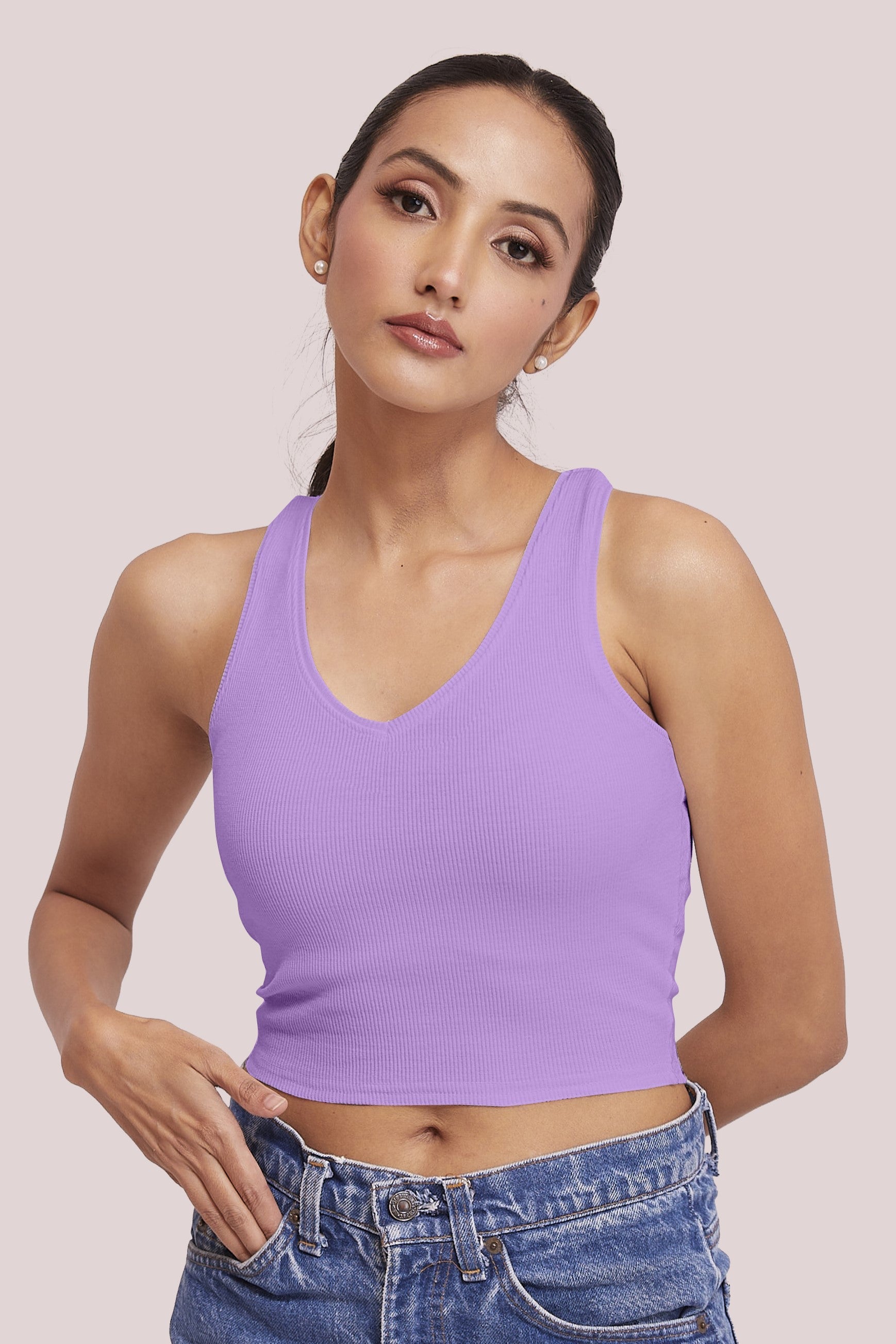 Black Ribbed V-Neck Sleeveless Crop Top