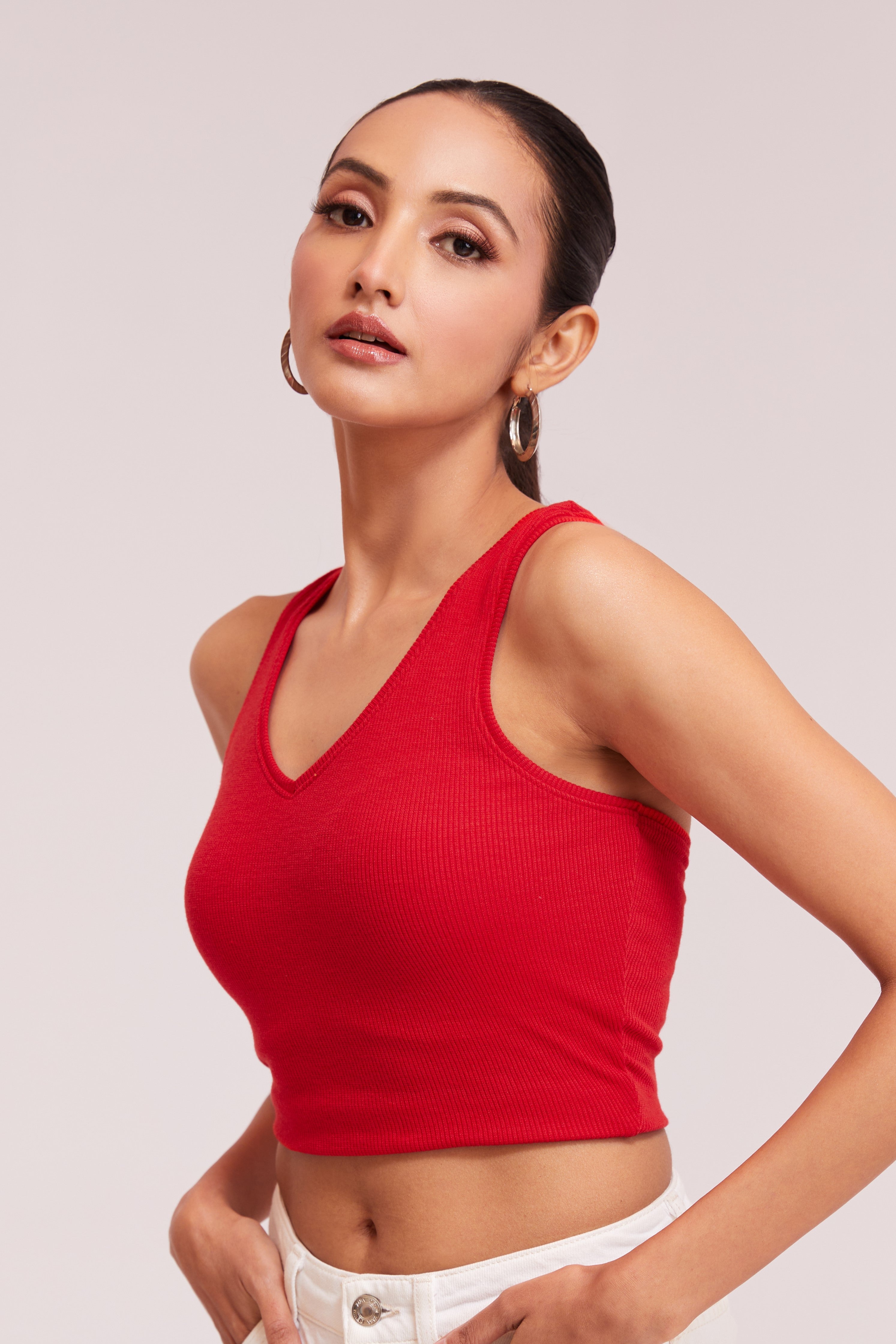 Black Ribbed V-Neck Sleeveless Crop Top