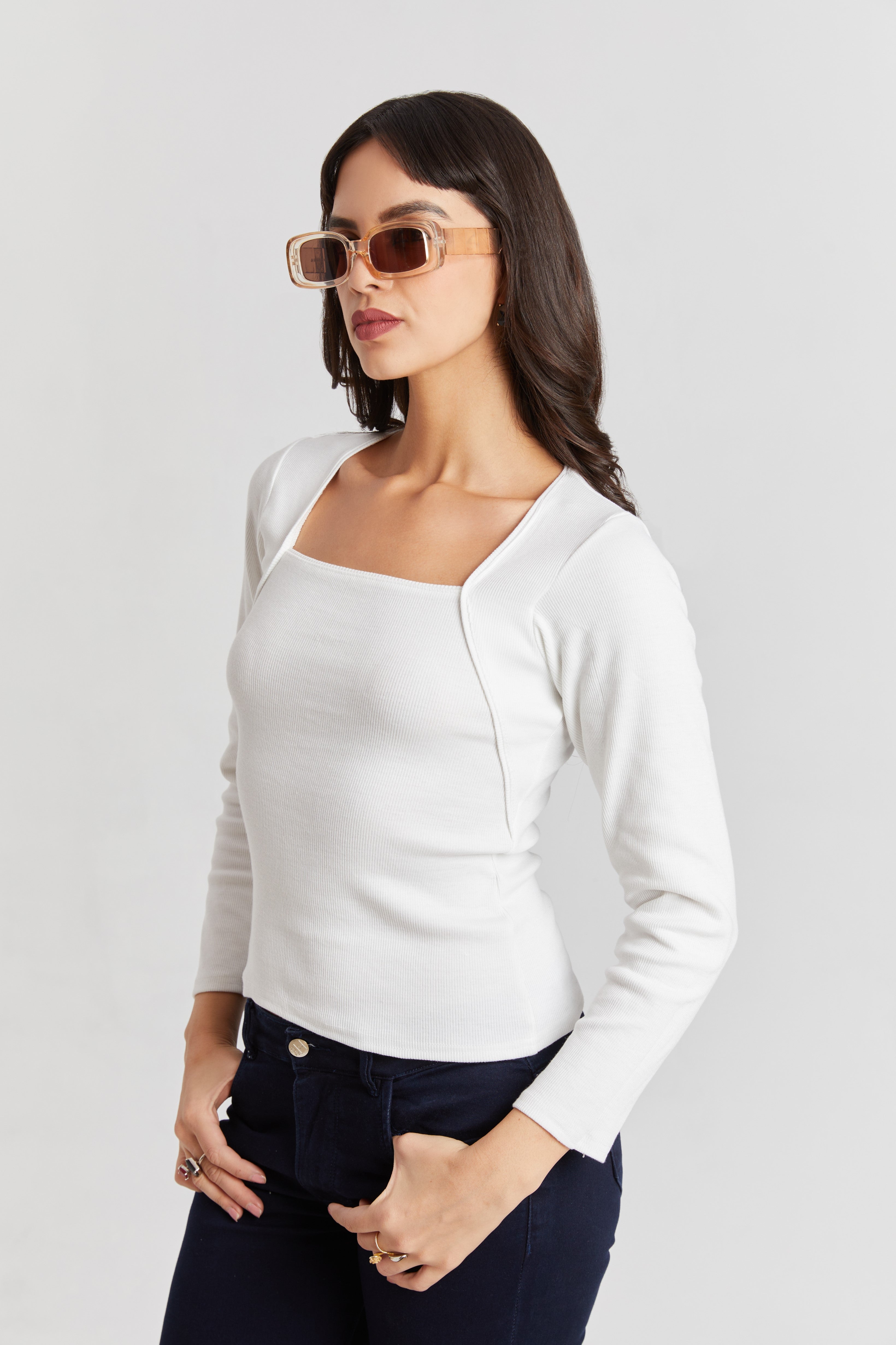 Black Ribbed Square Neck Top
