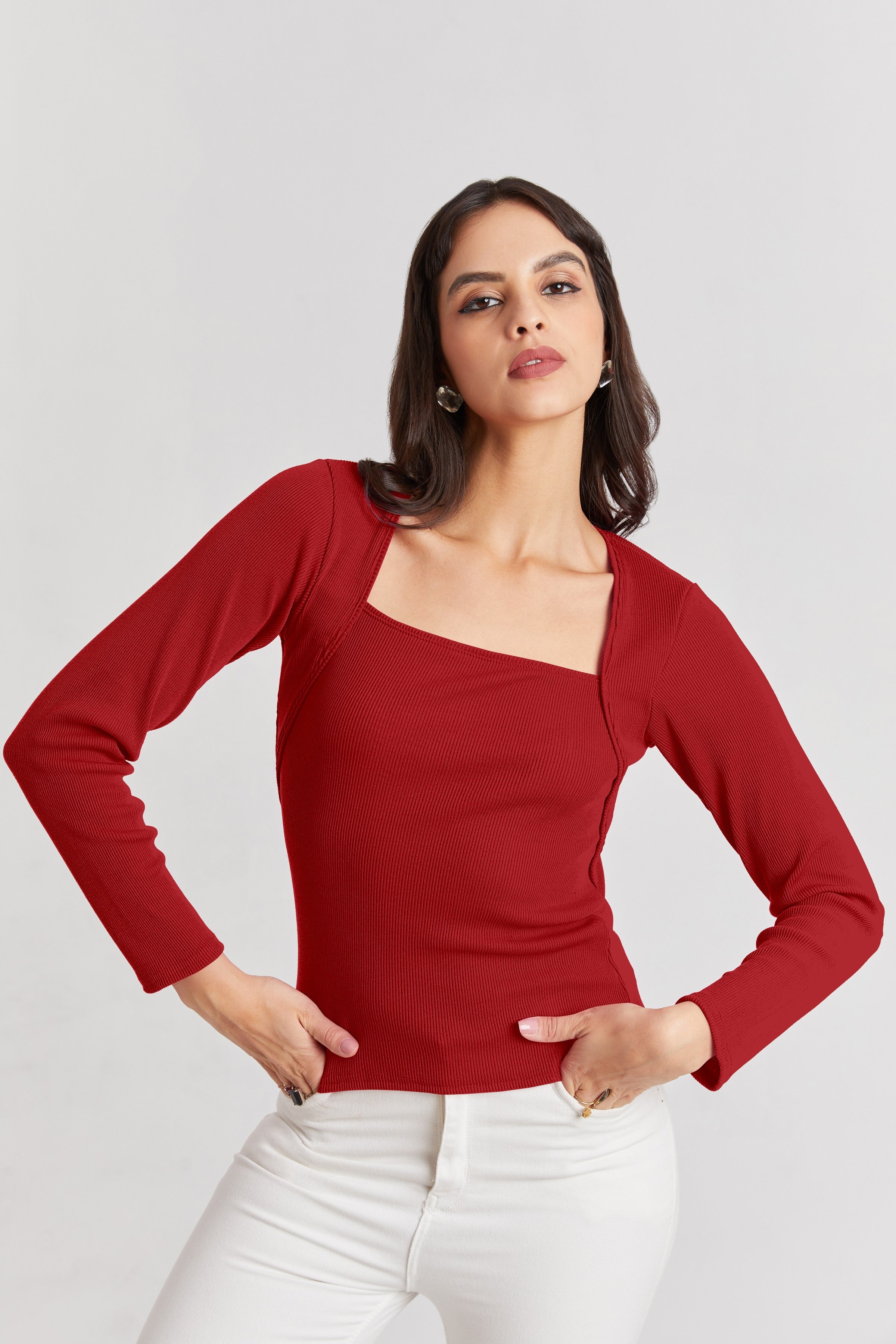 Deep Red Ribbed Square Neck Top