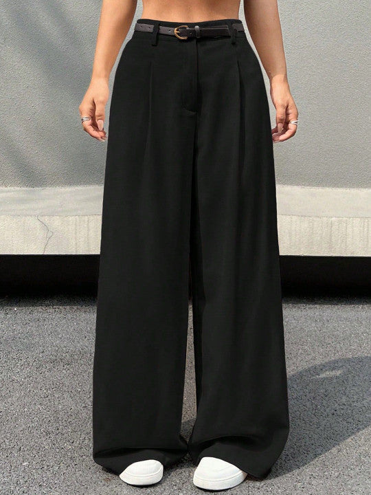 Elegant High-Waist Black Wide Leg Trousers with Belt
