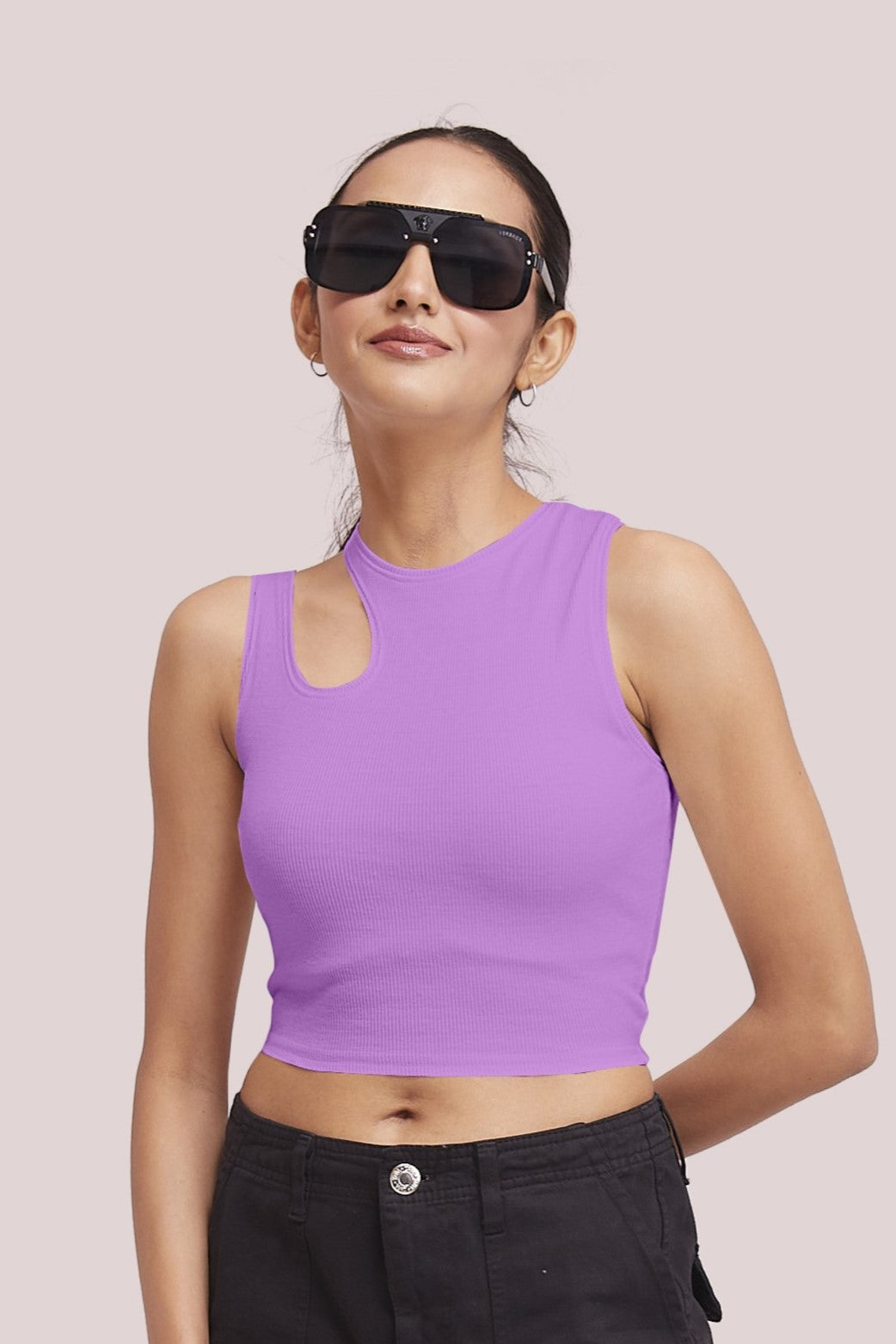 Black-Ribbed Sleeveless Cut-Out Tank Top