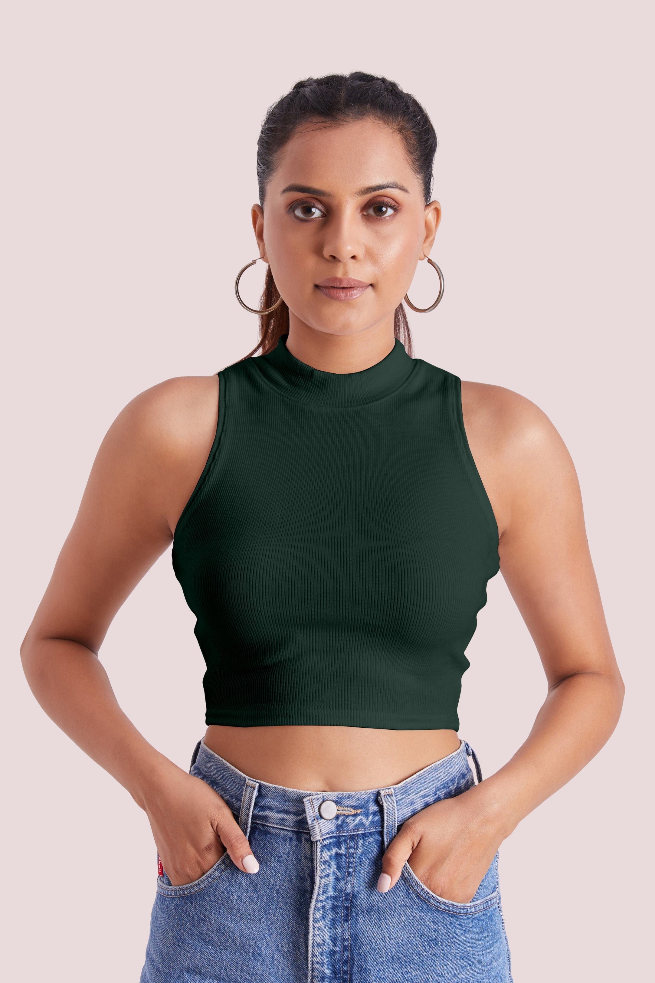 Black Ribbed High Neck Sleeveless Crop Top