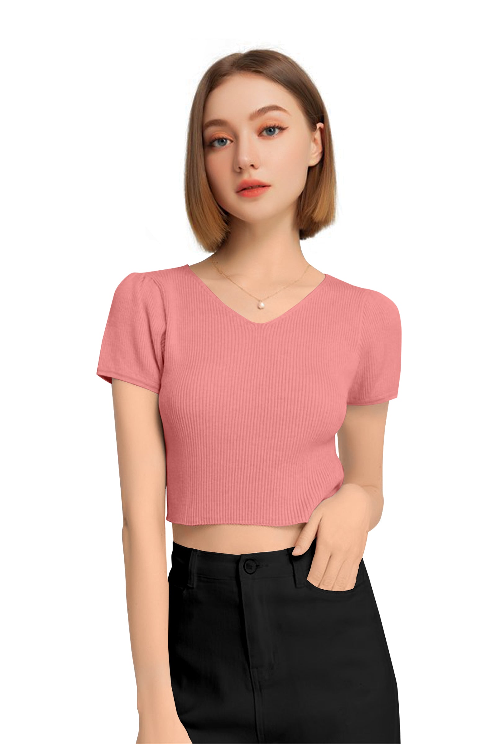 Women’s Ribbed V-Neck Crop Top – Grey