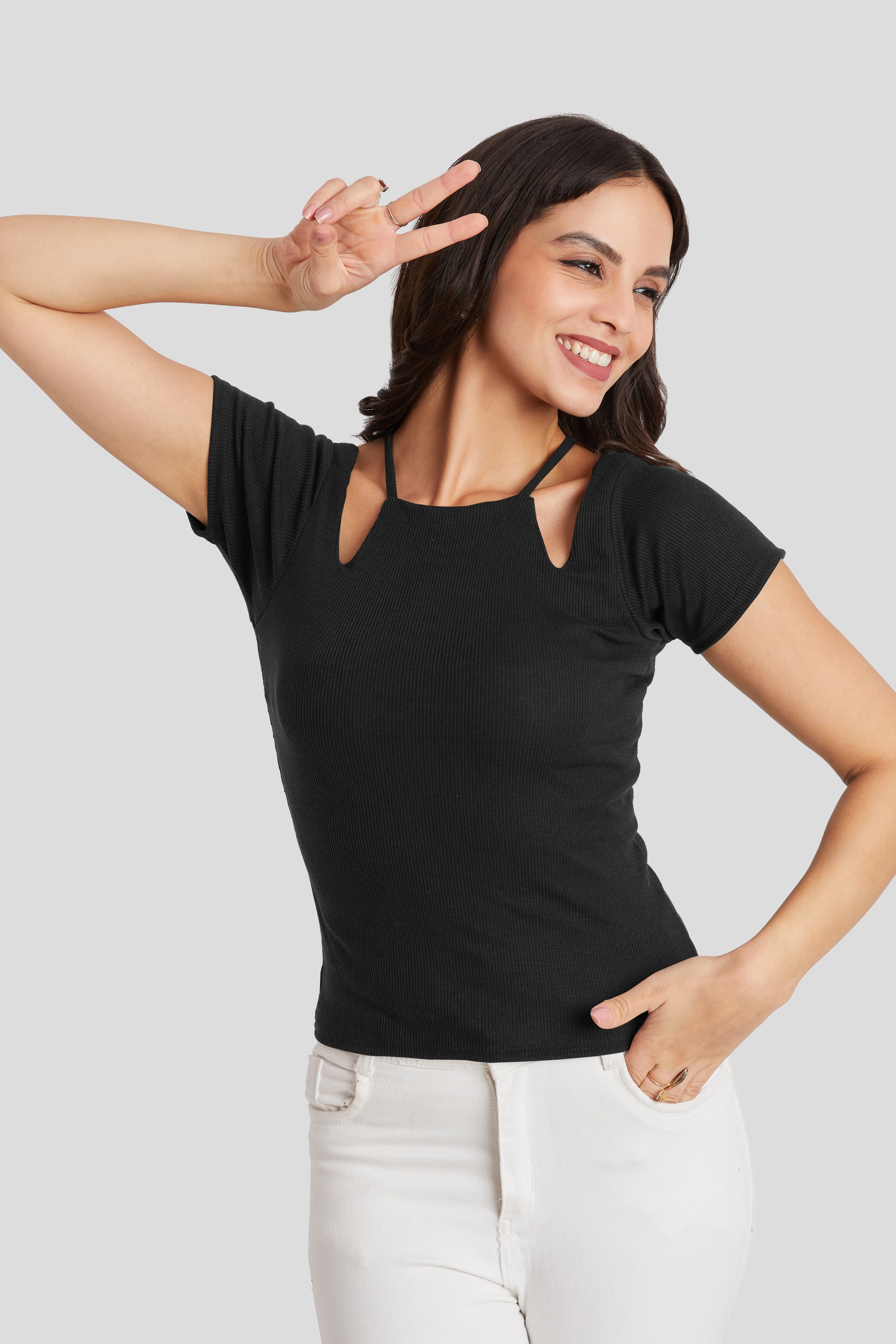 Midnight White Ribbed Cutout Top