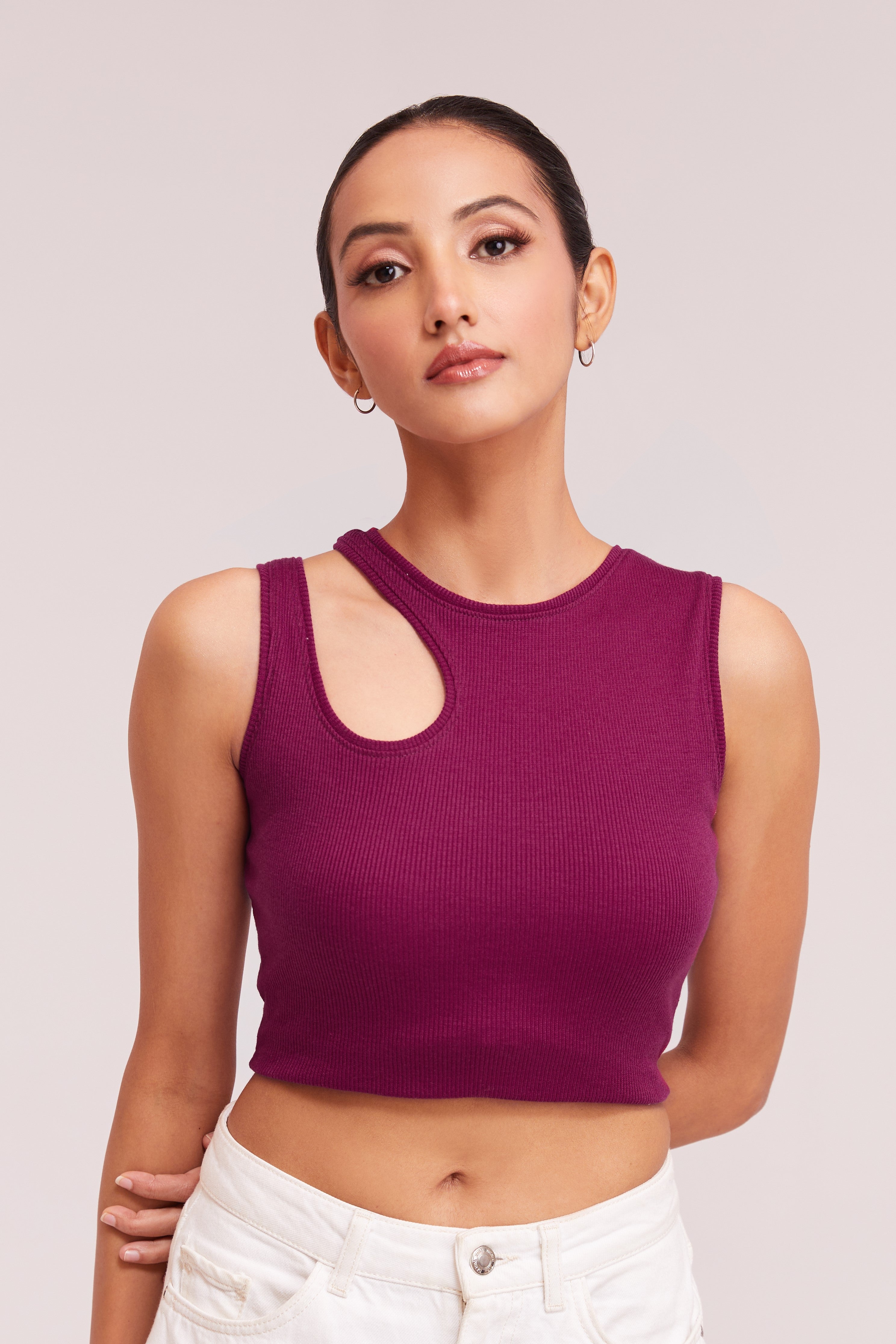 Green-Ribbed Sleeveless Cut-Out Tank Top