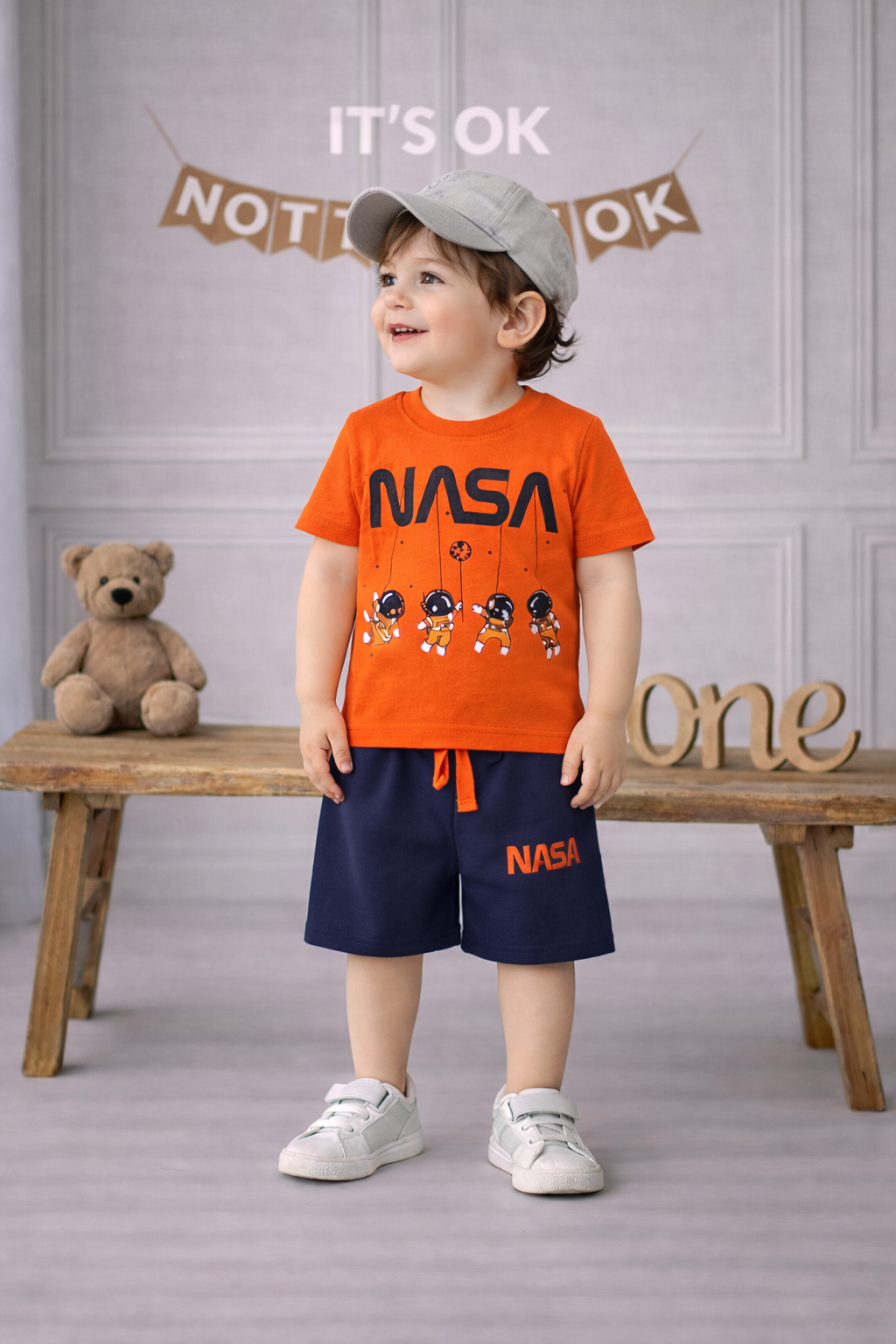 Boys Orange NASA Printed T-Shirt with Navy Shorts Co-ord Set