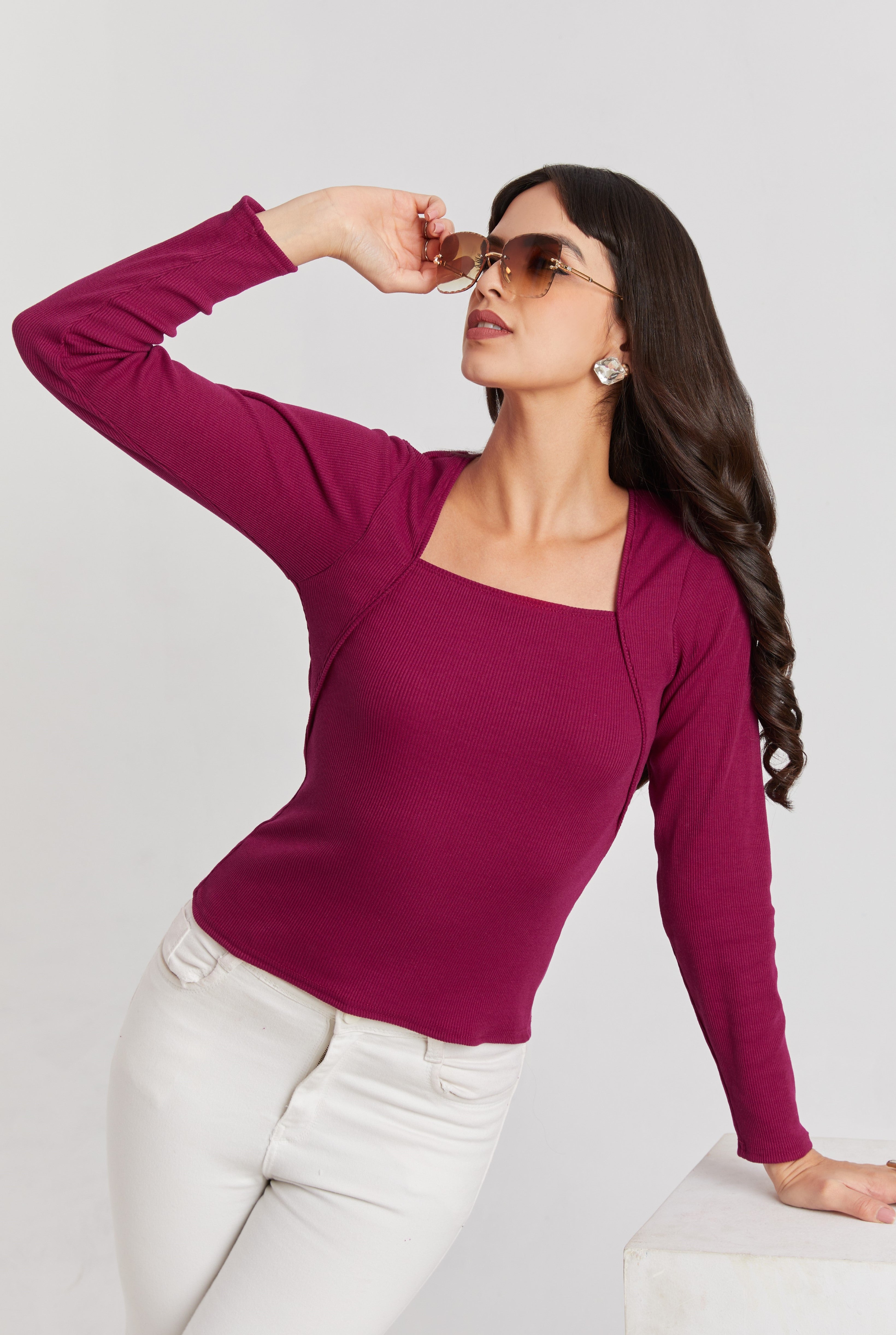 Black Ribbed Square Neck Top
