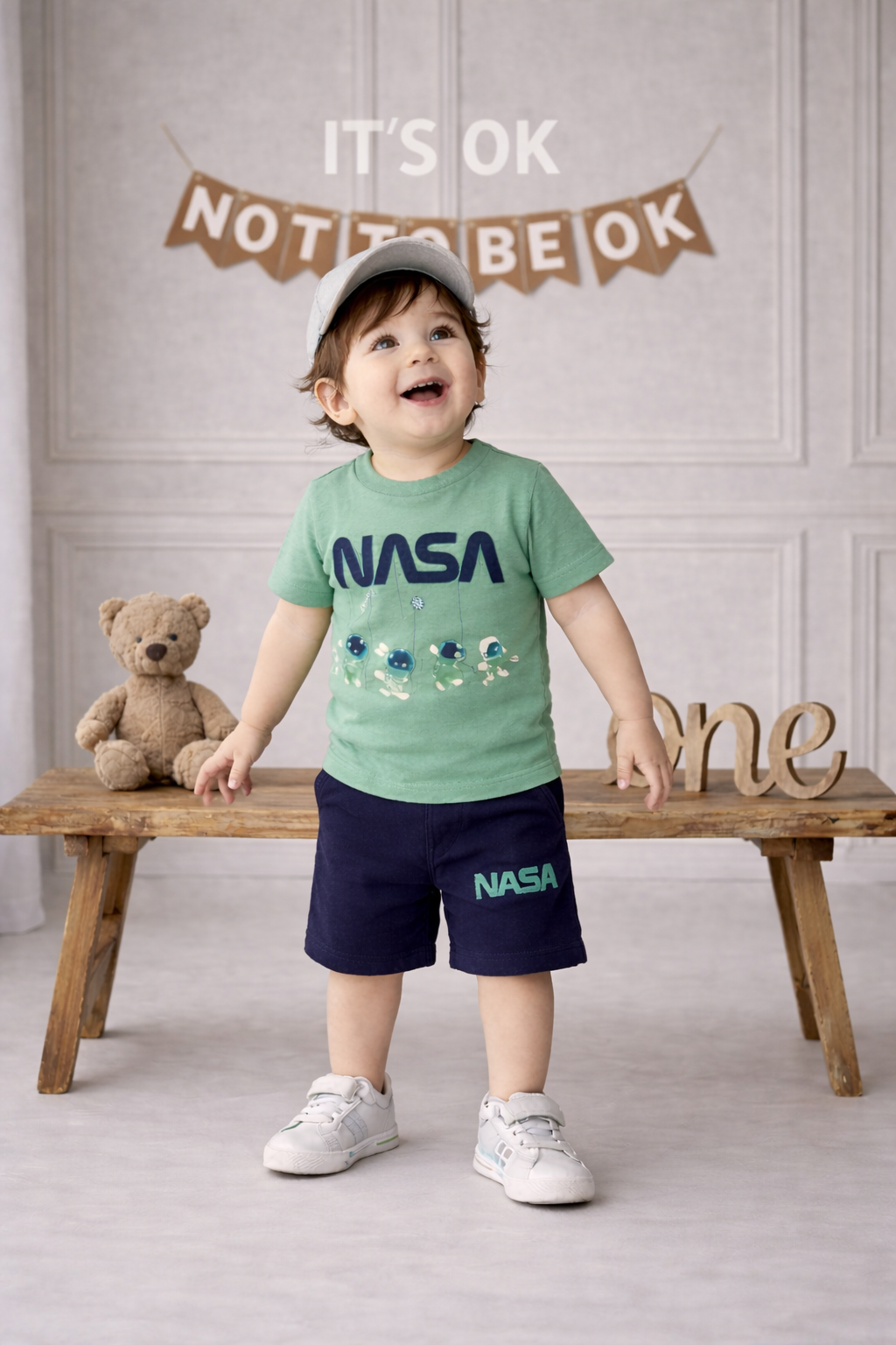 Boys Green NASA Printed T-Shirt with Navy Shorts Co-ord Set