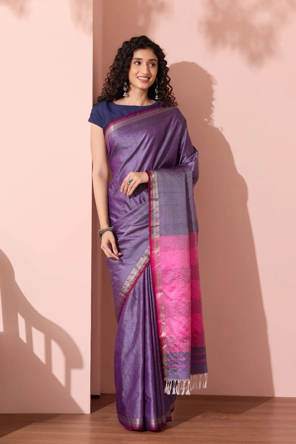 Royal Purple Silk Saree with Contrast Pink Zari Border