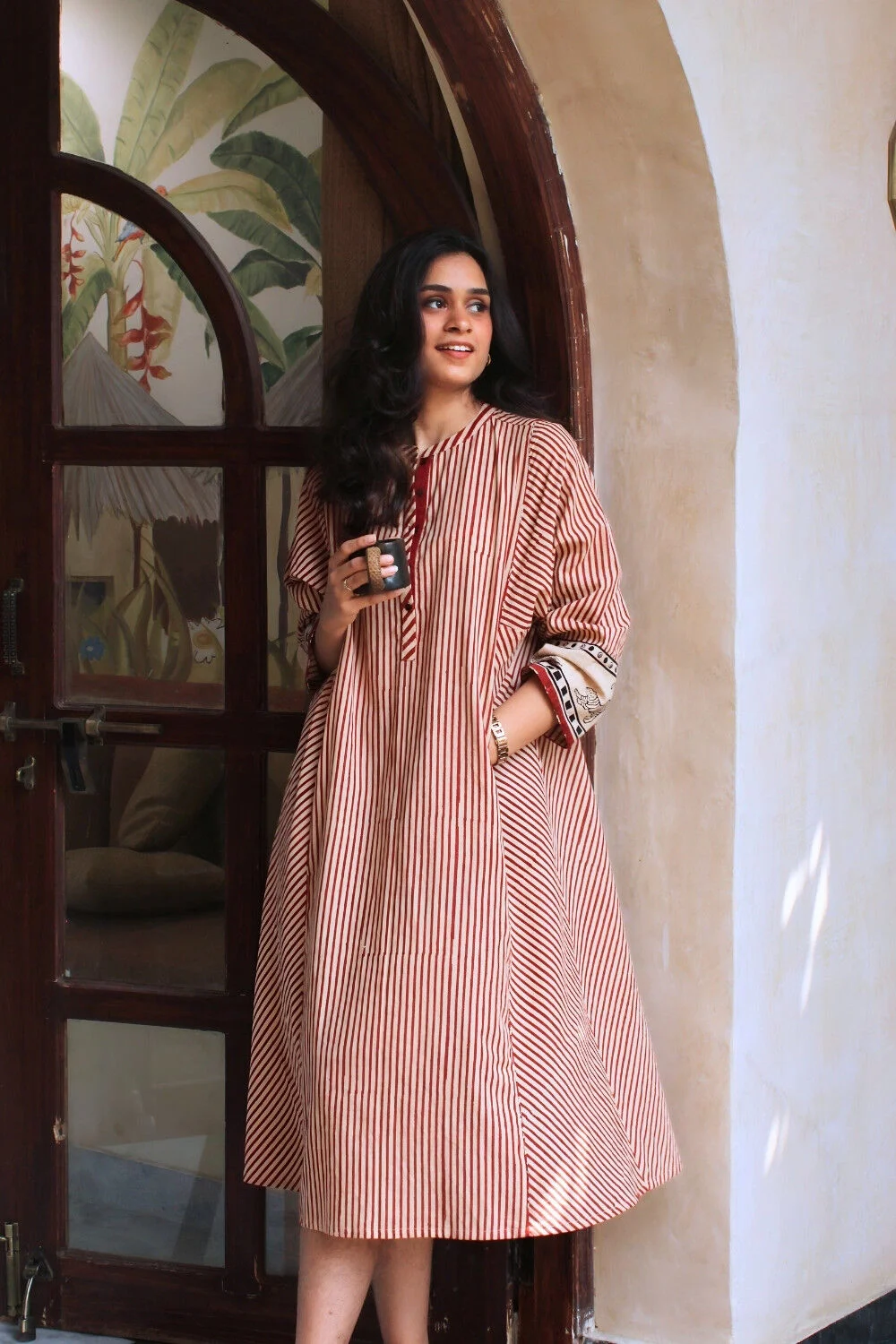Rust & Cream Striped A-Line Cotton Kurti Dress